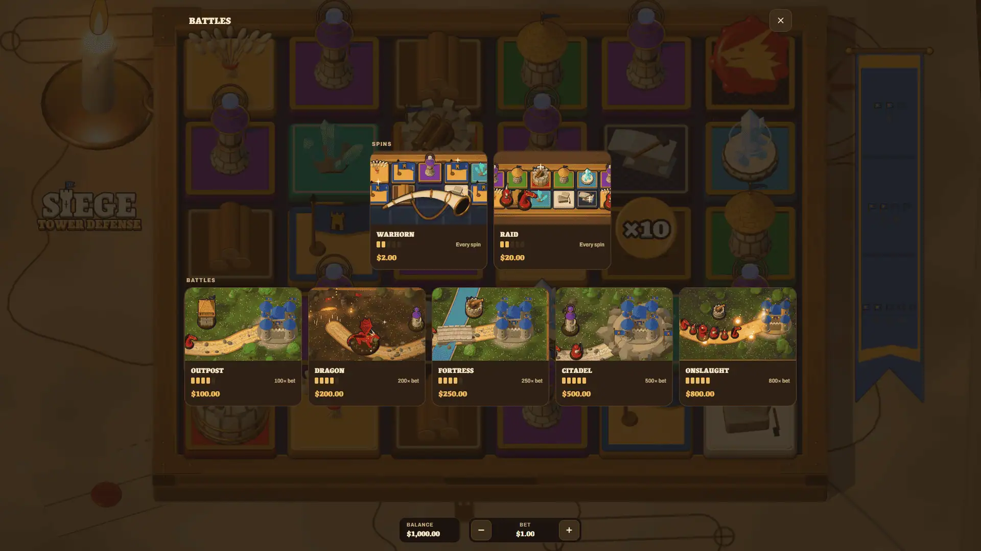 Siege Tower Defense bonus buy menu