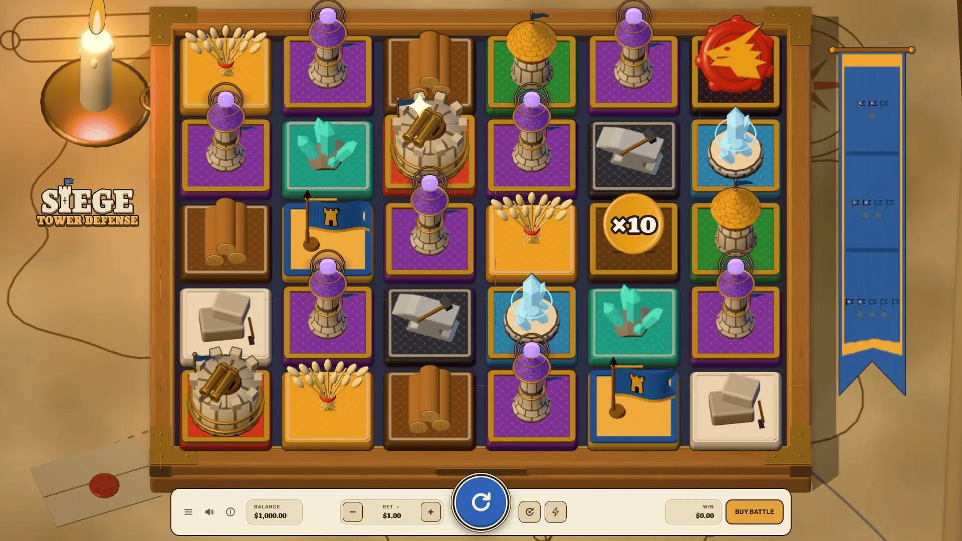 Siege Tower Defense slot gameplay reels