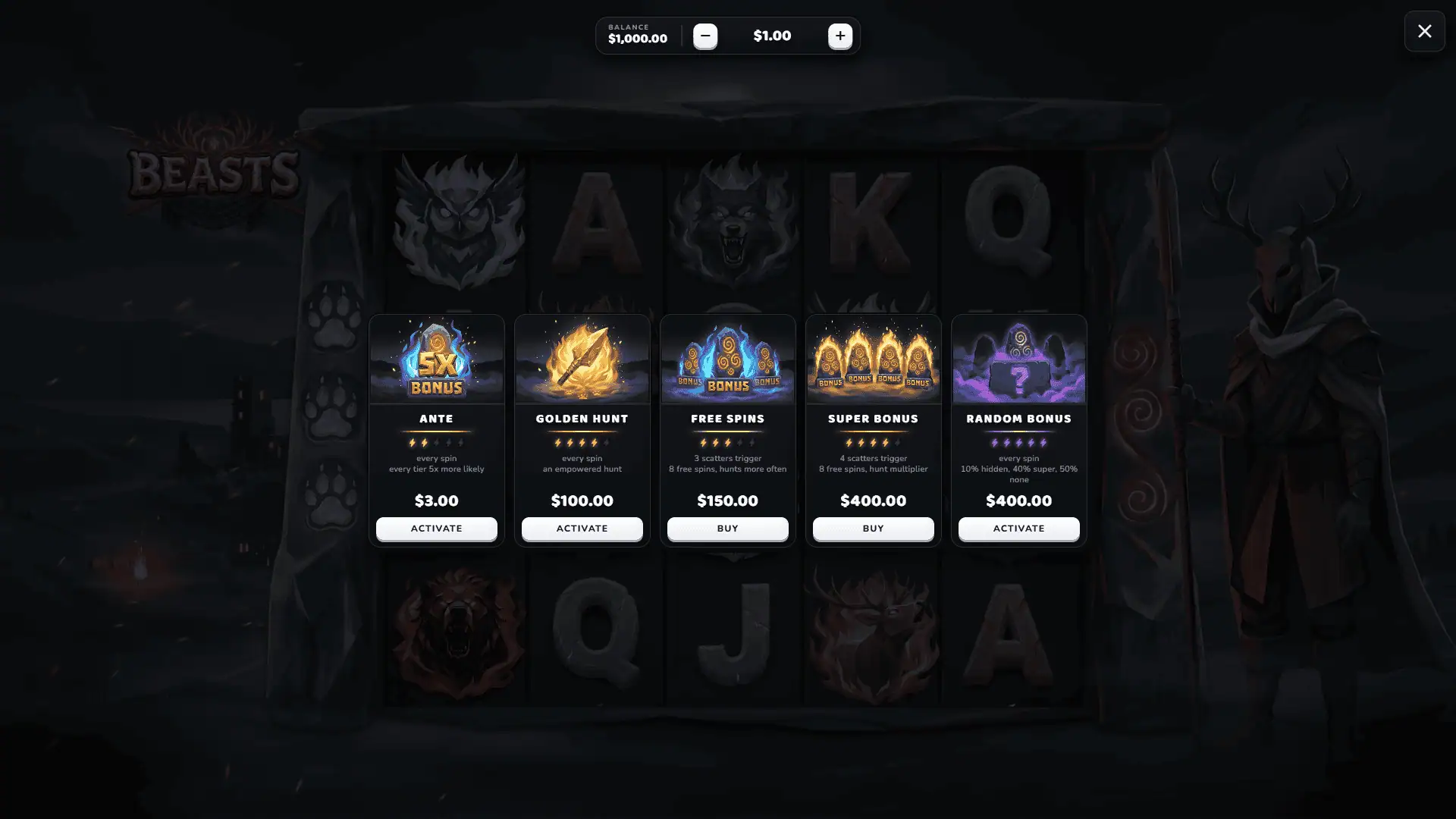 Beasts bonus buy menu
