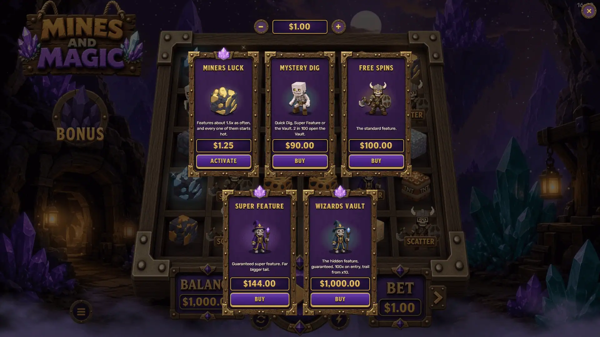 Mines And Magic bonus buy menu