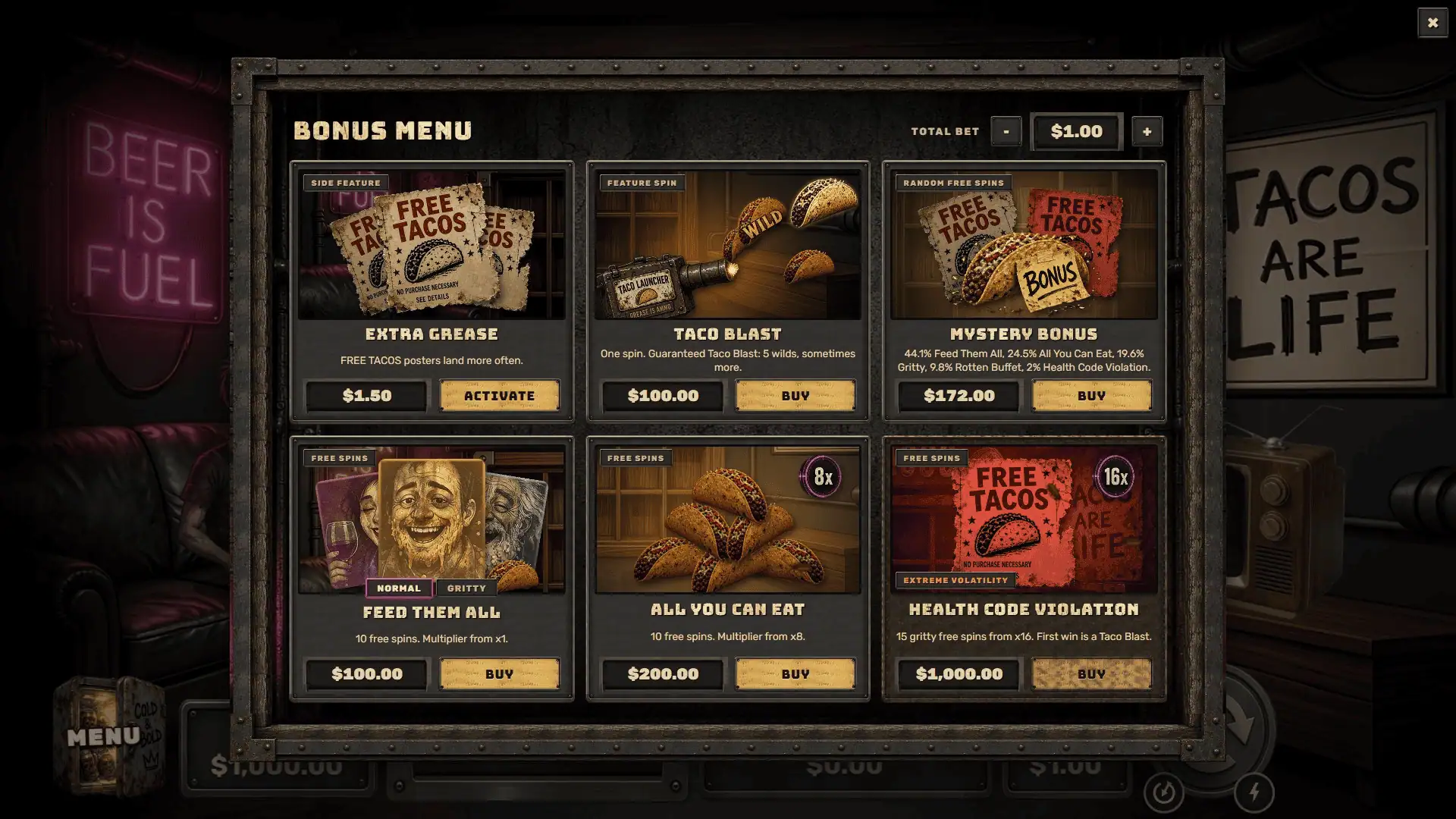 Scumbag Tacos bonus buy menu
