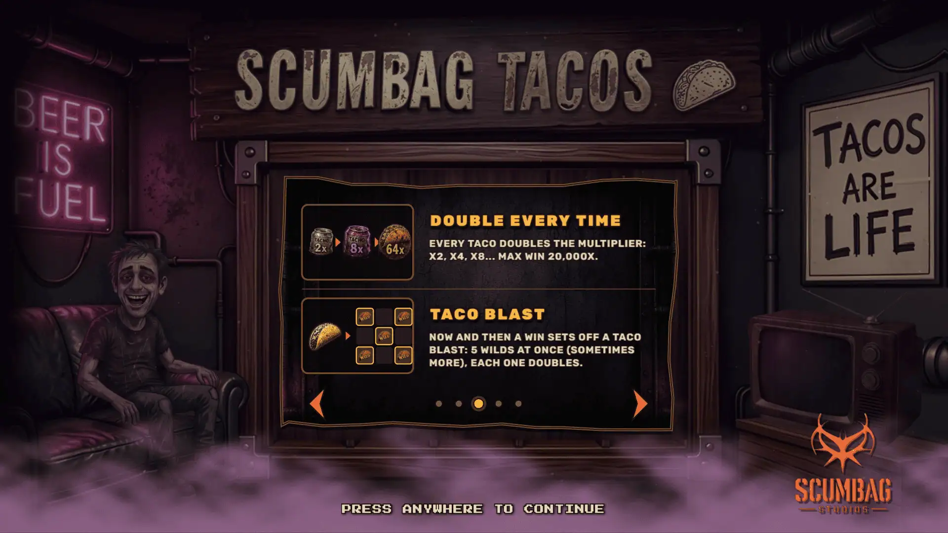 Scumbag Tacos slot intro screen