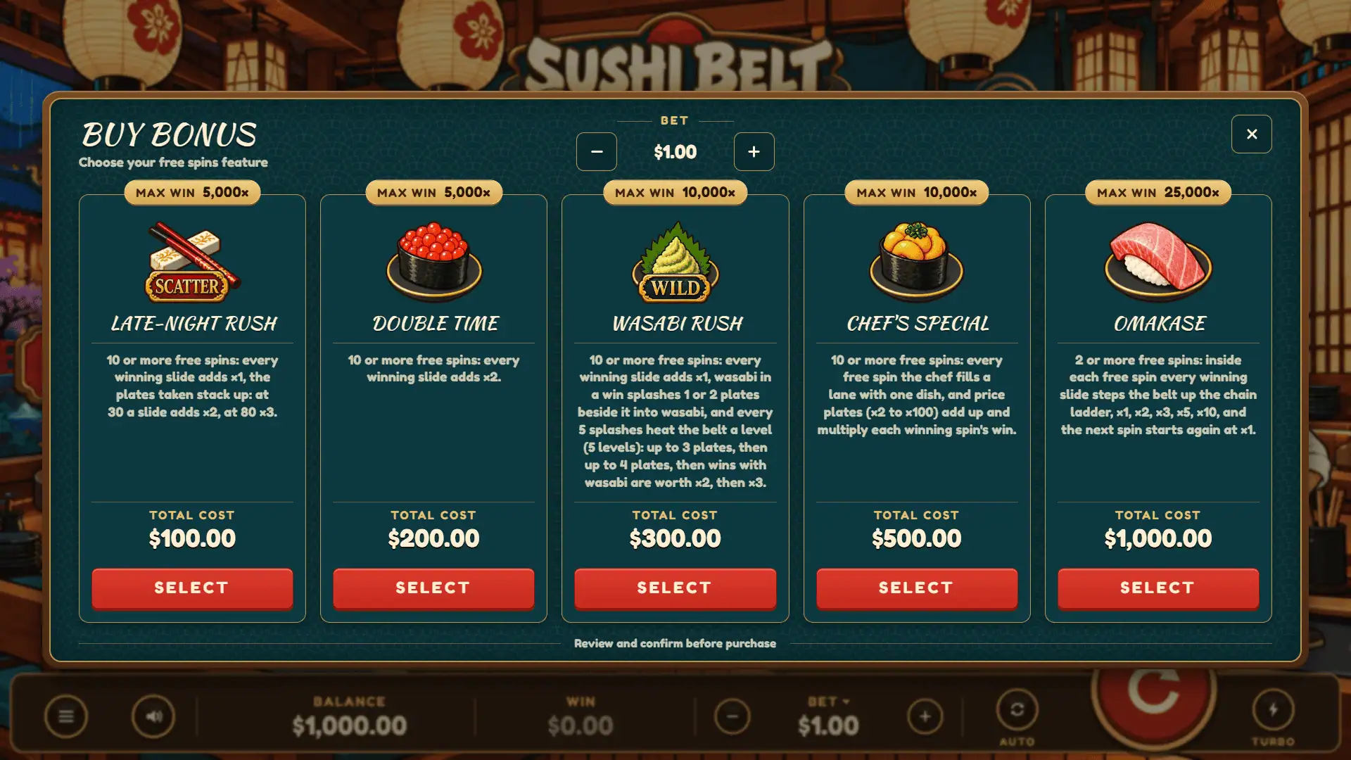 Sushi Belt bonus buy menu