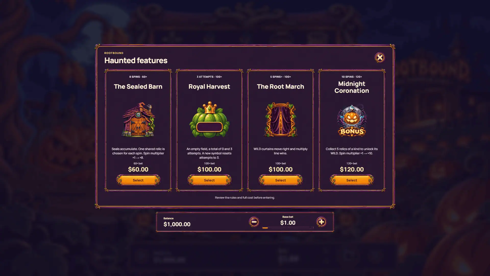 Rootbound bonus buy menu