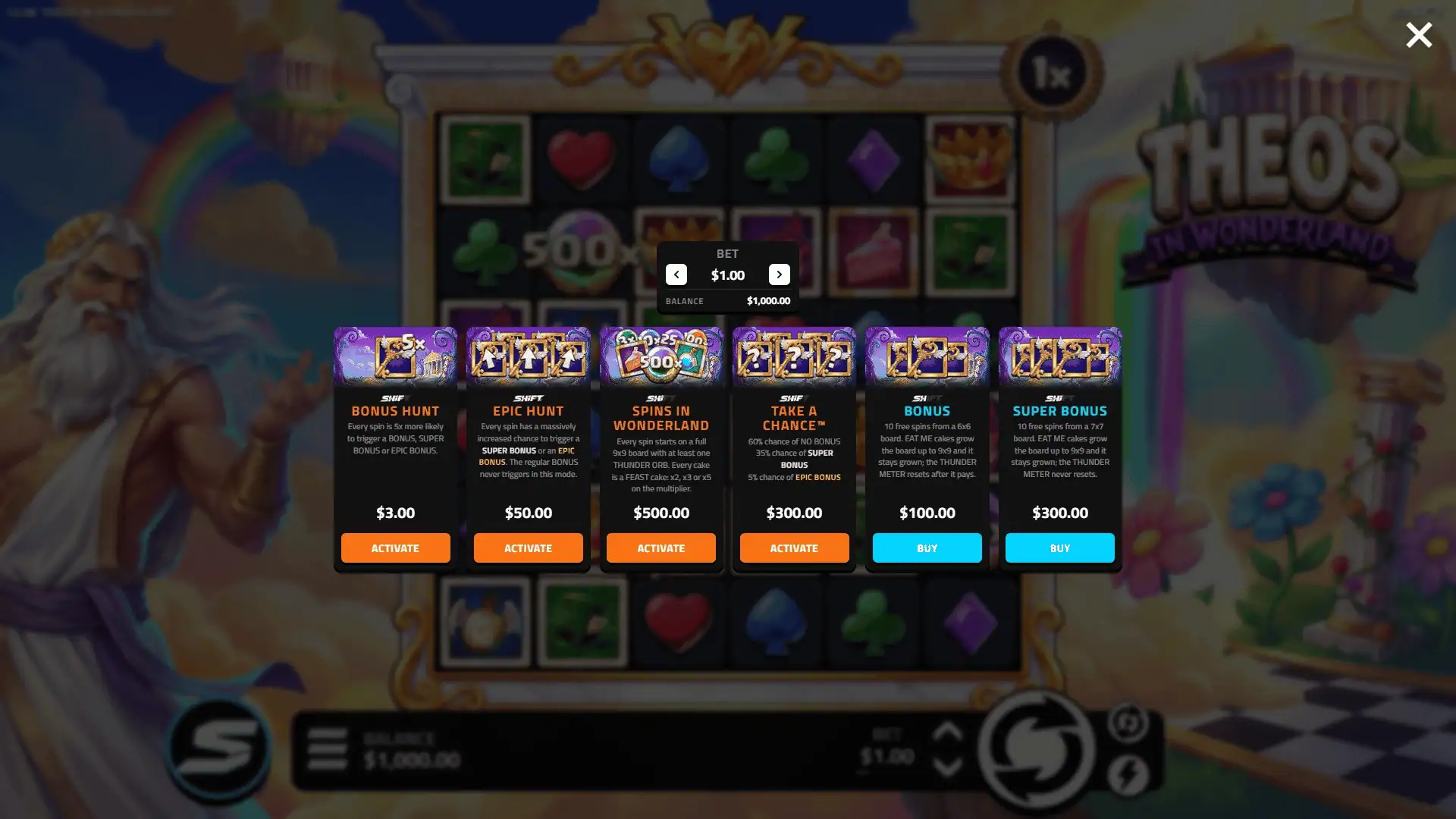 Theos In Wonderland bonus buy menu