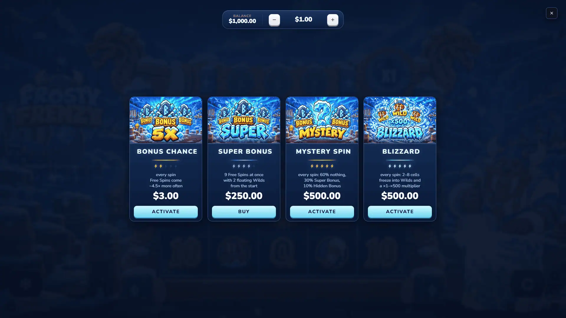 Frosty Frenzy 100k bonus buy menu