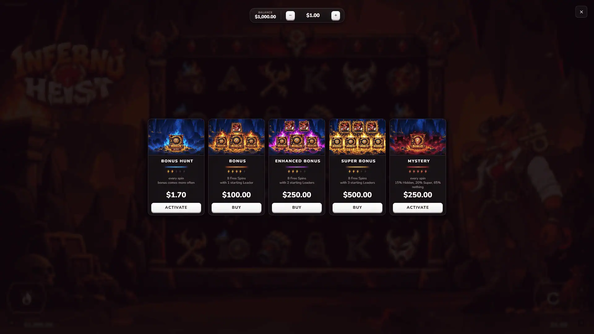 Inferno Heist bonus buy menu