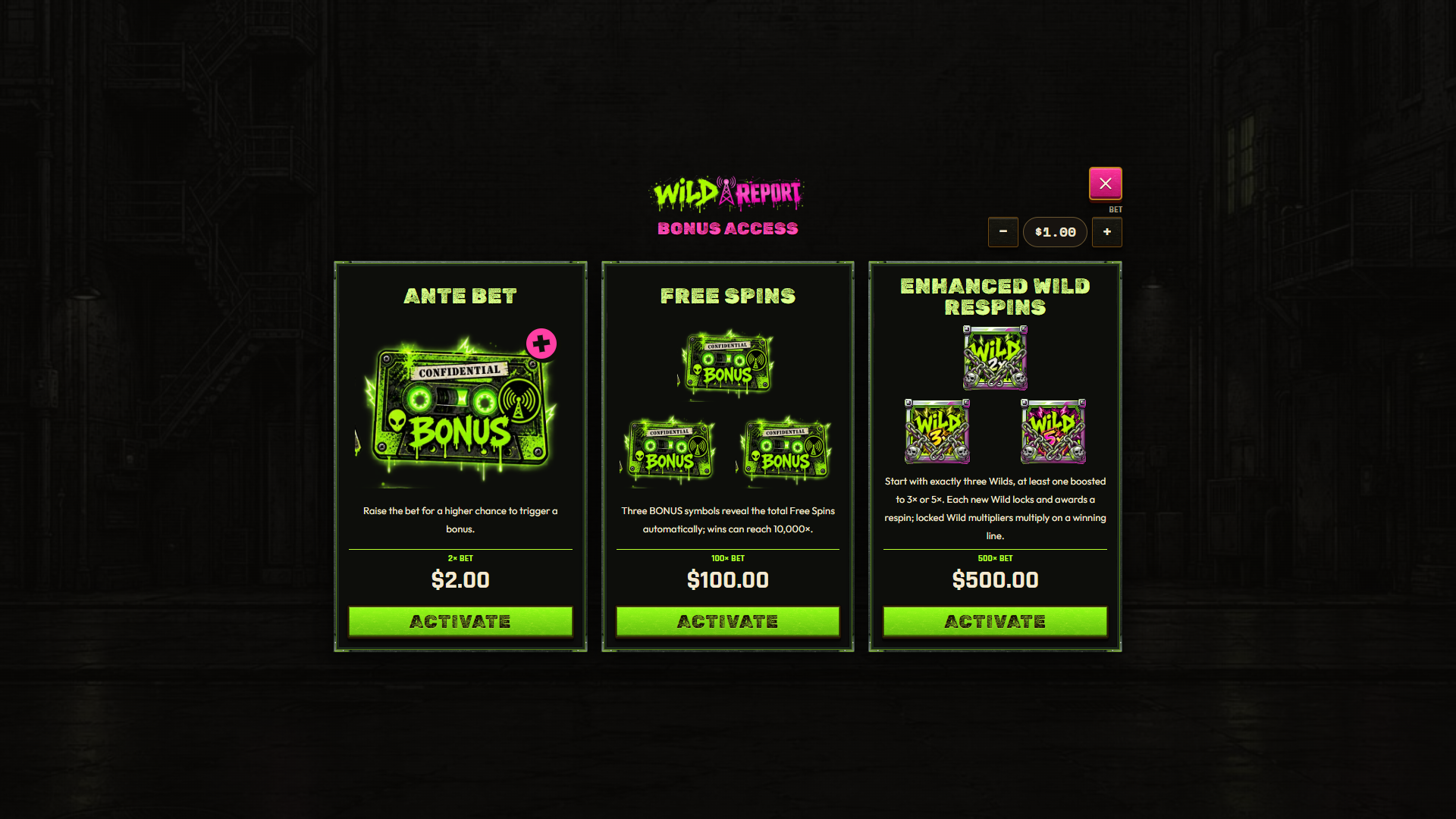 Wild Report bonus buy menu