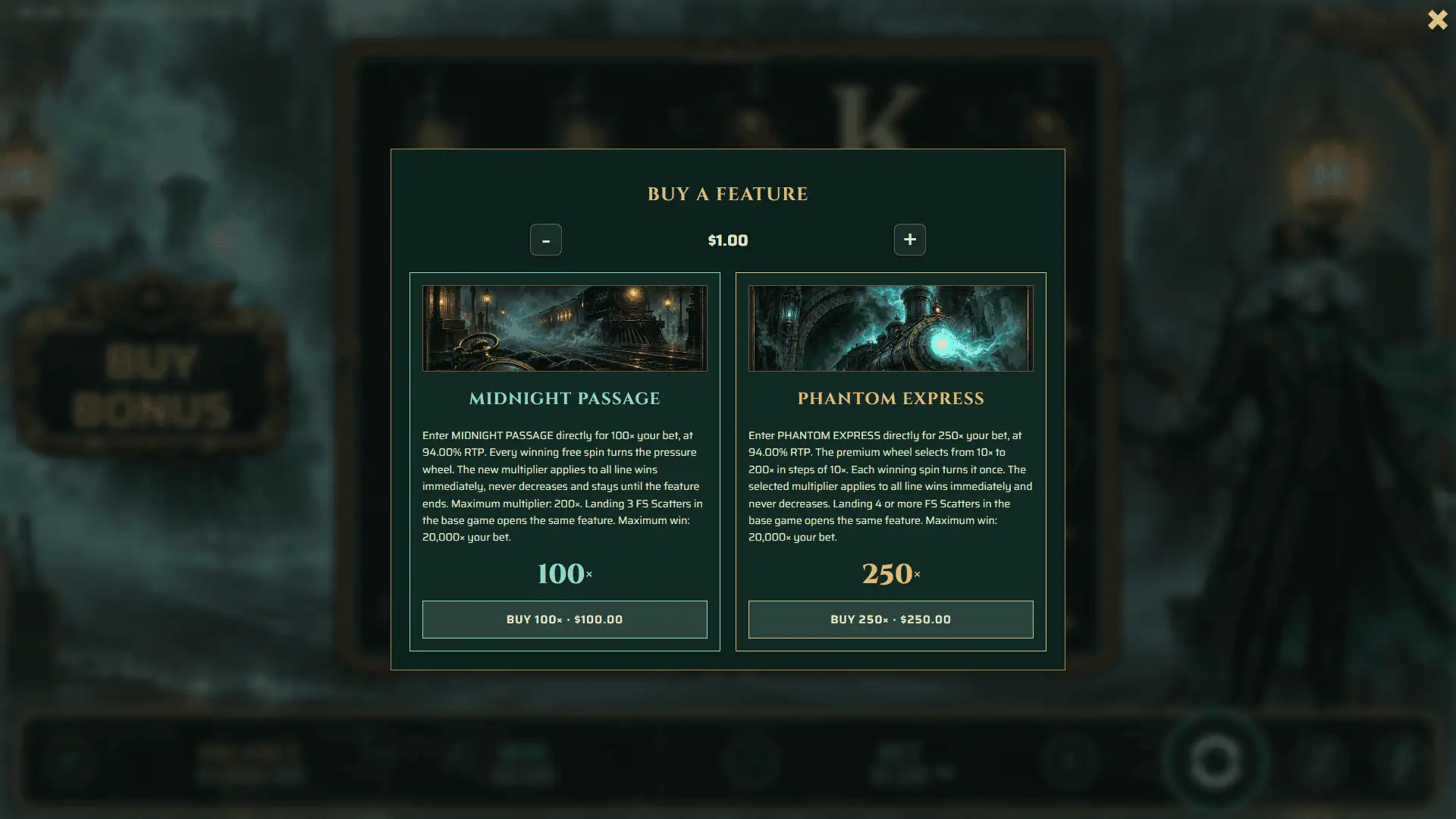 Deadwood Express bonus buy menu
