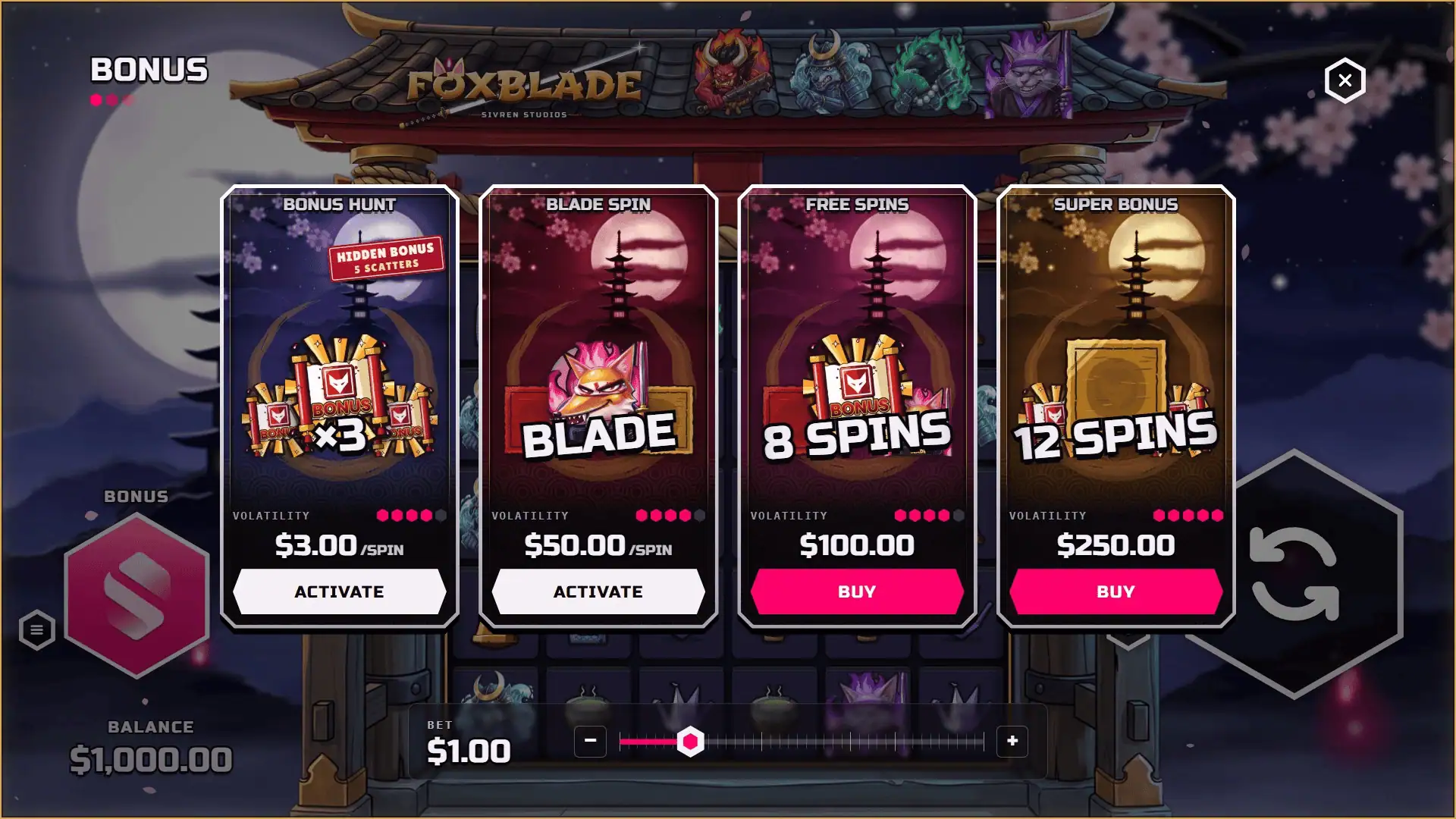 Foxblade bonus buy menu