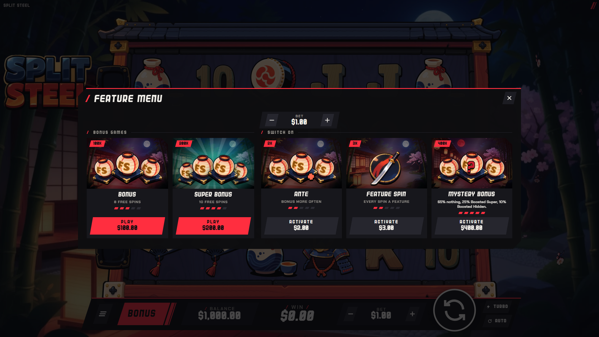 Split Steel bonus buy menu