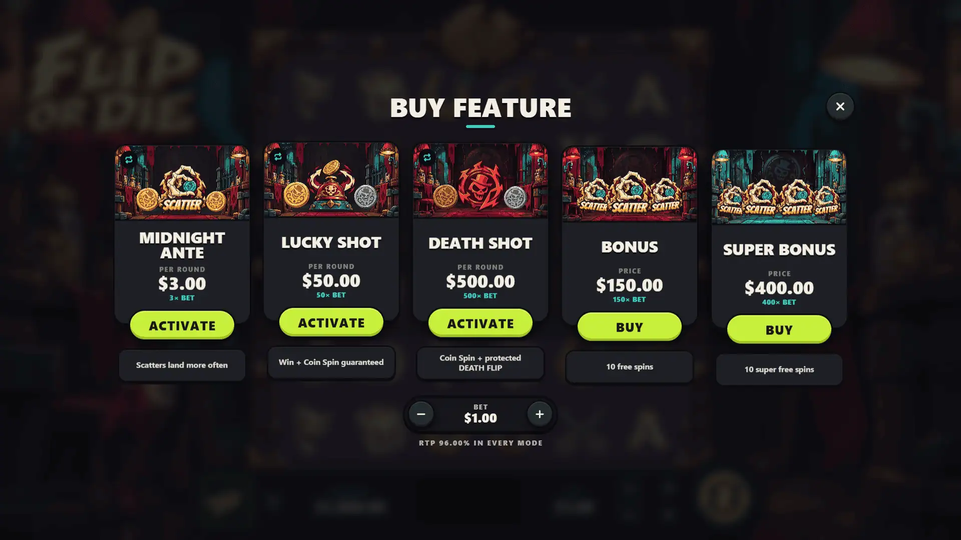 Flip or Die bonus buy menu