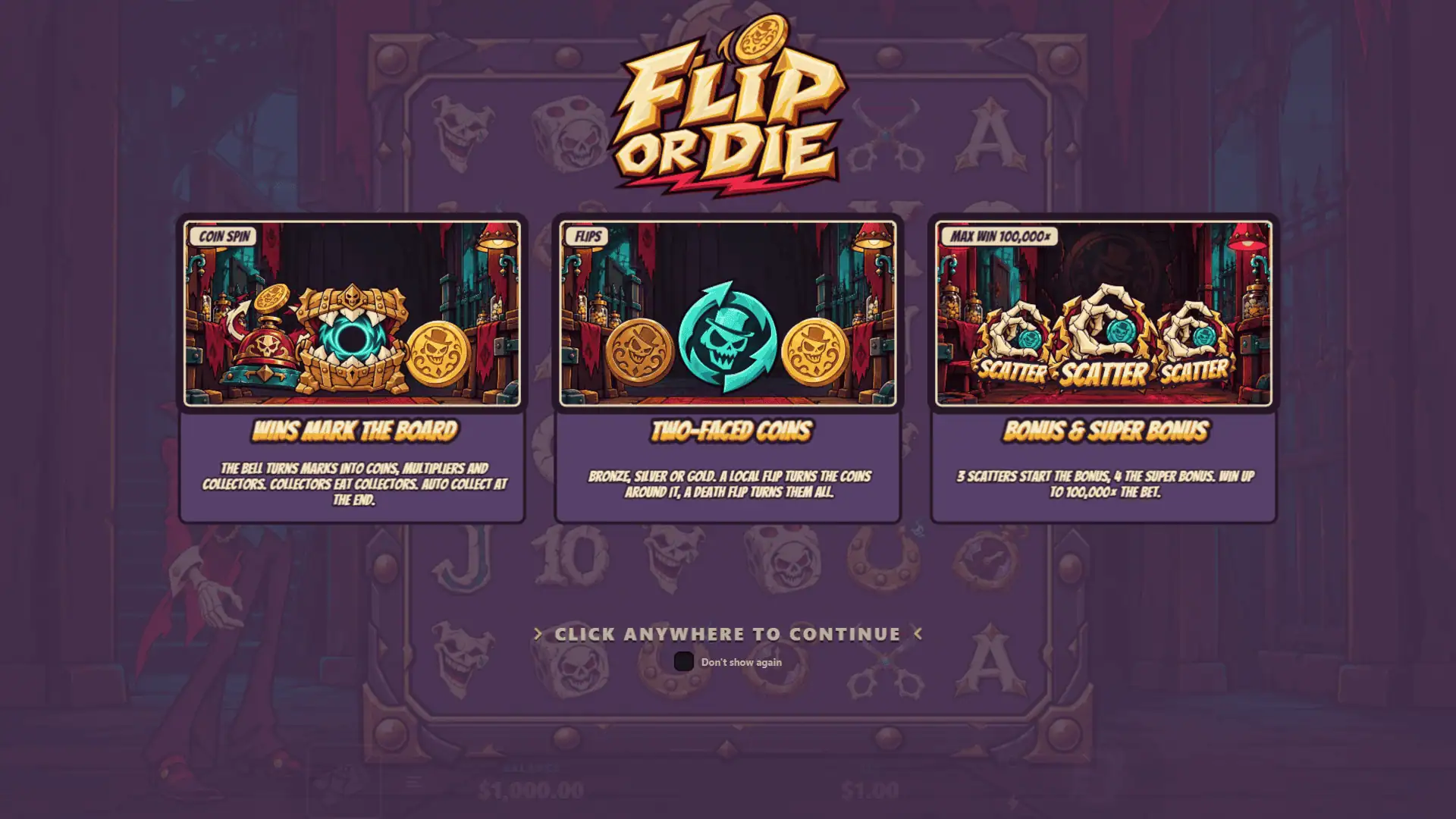 Flip or Die slot intro screen
