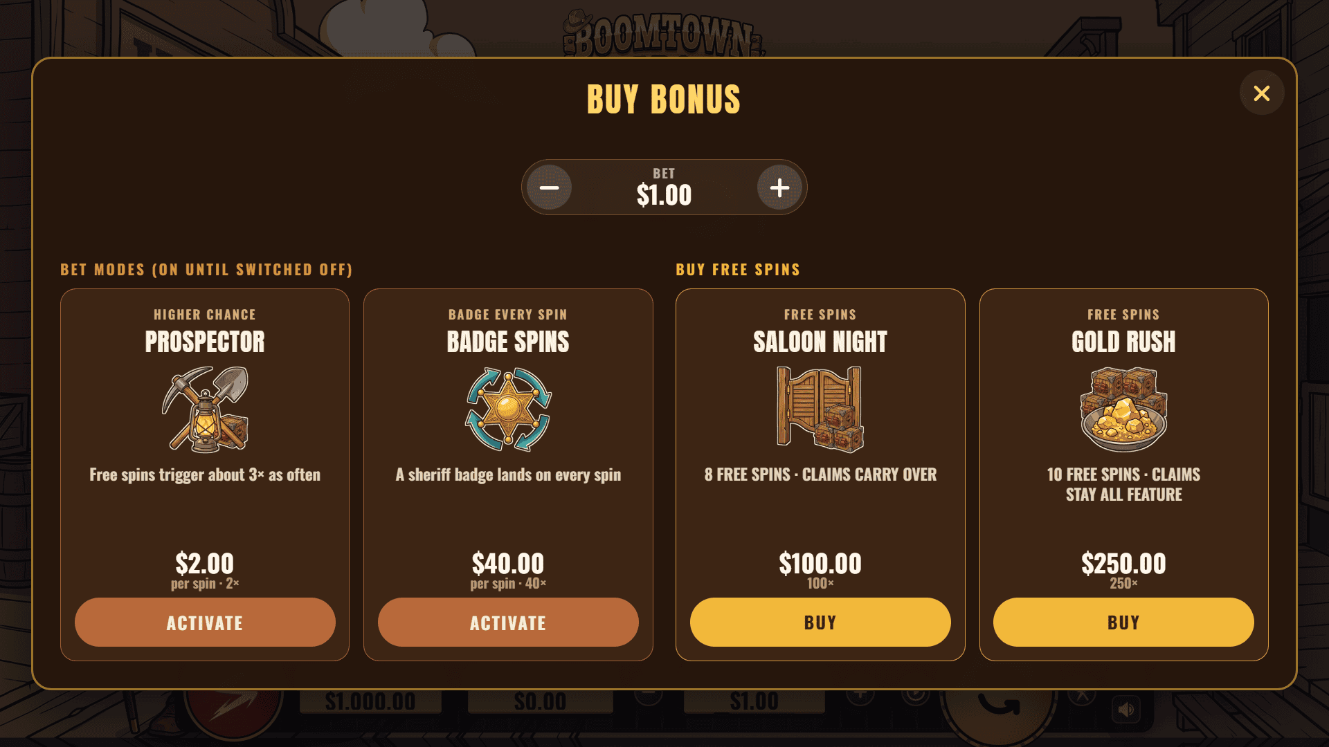 Boomtown Baron bonus buy menu