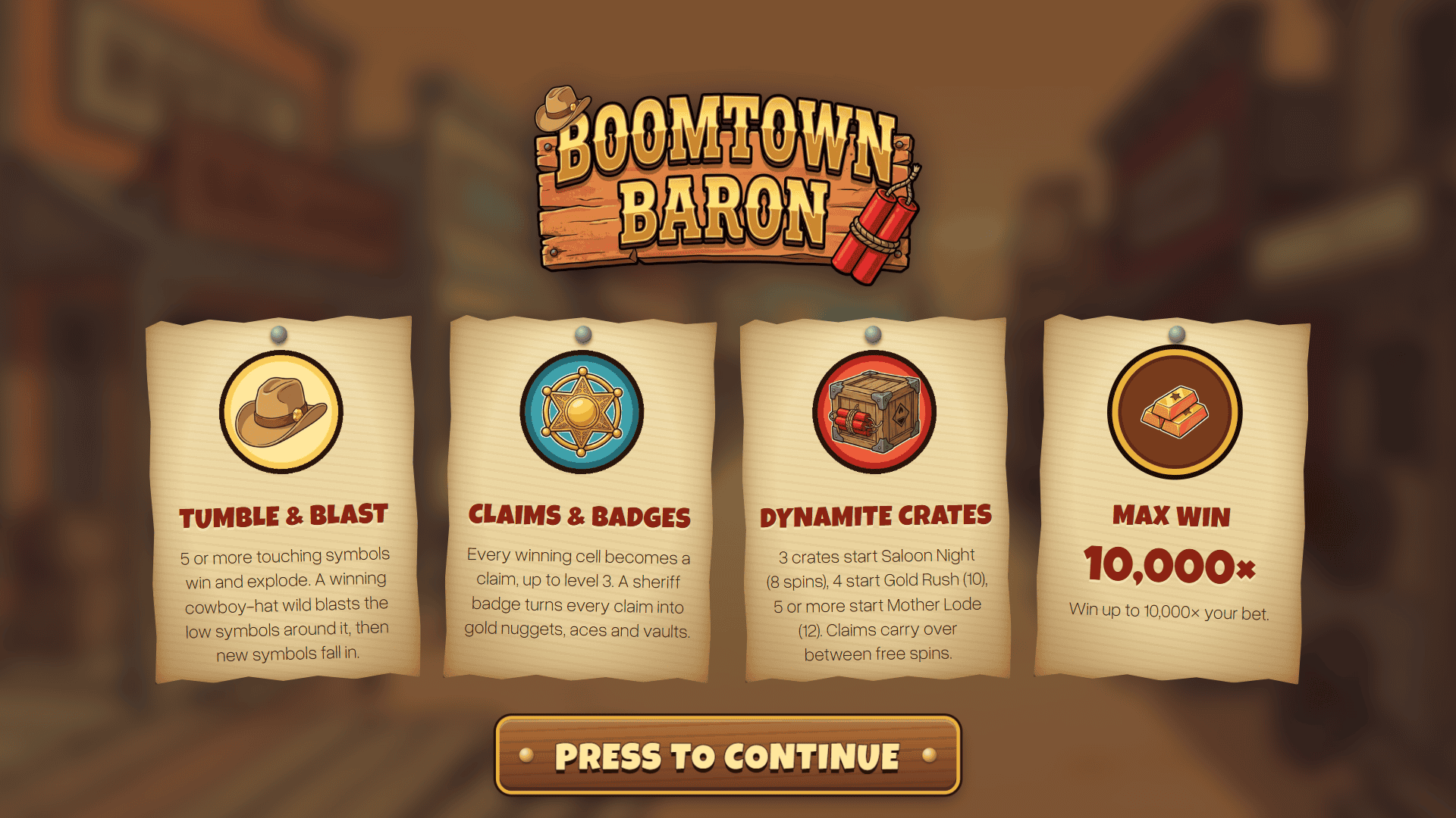 Boomtown Baron slot intro screen