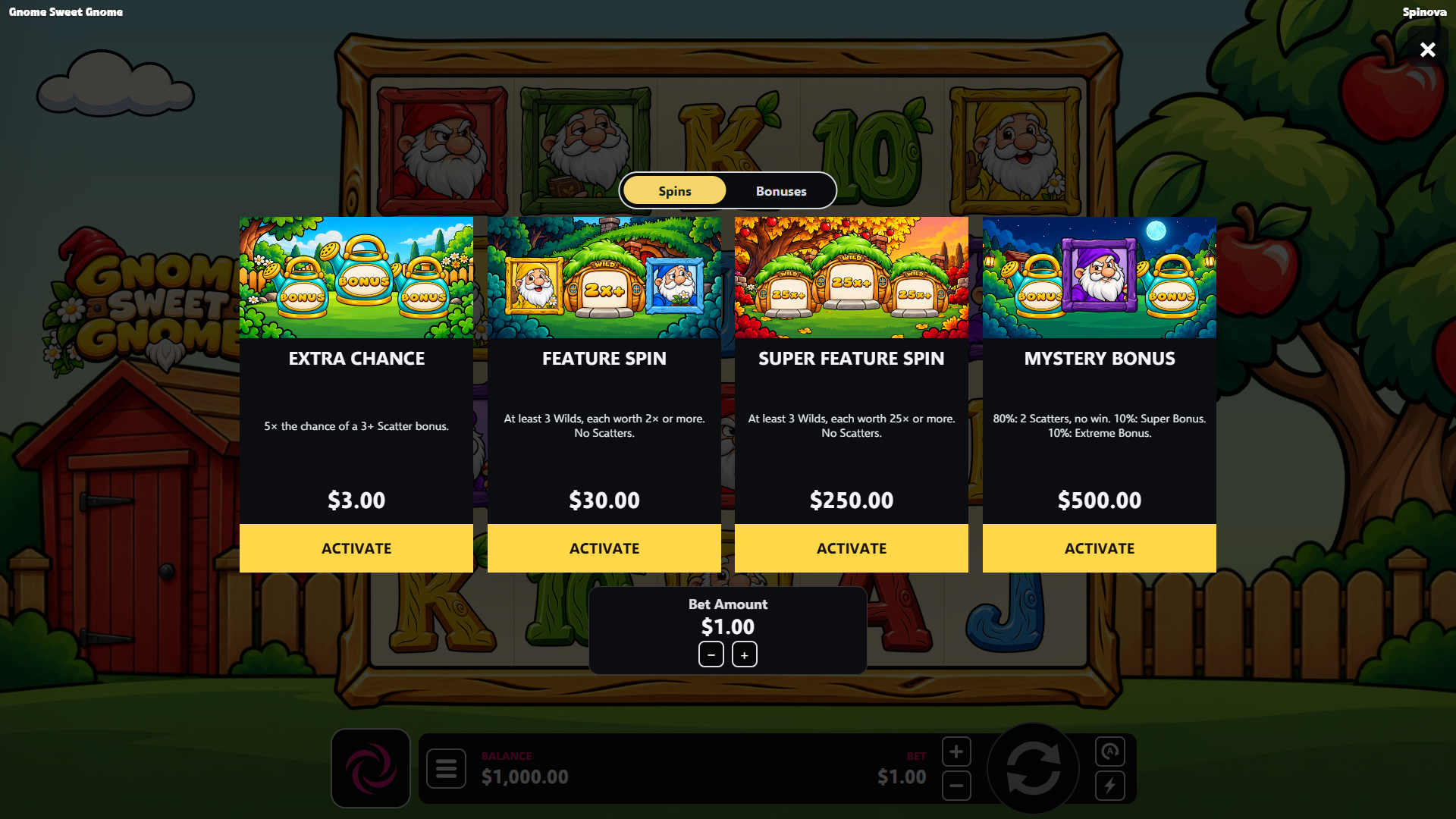 Gnome Sweet Gnome bonus buy menu