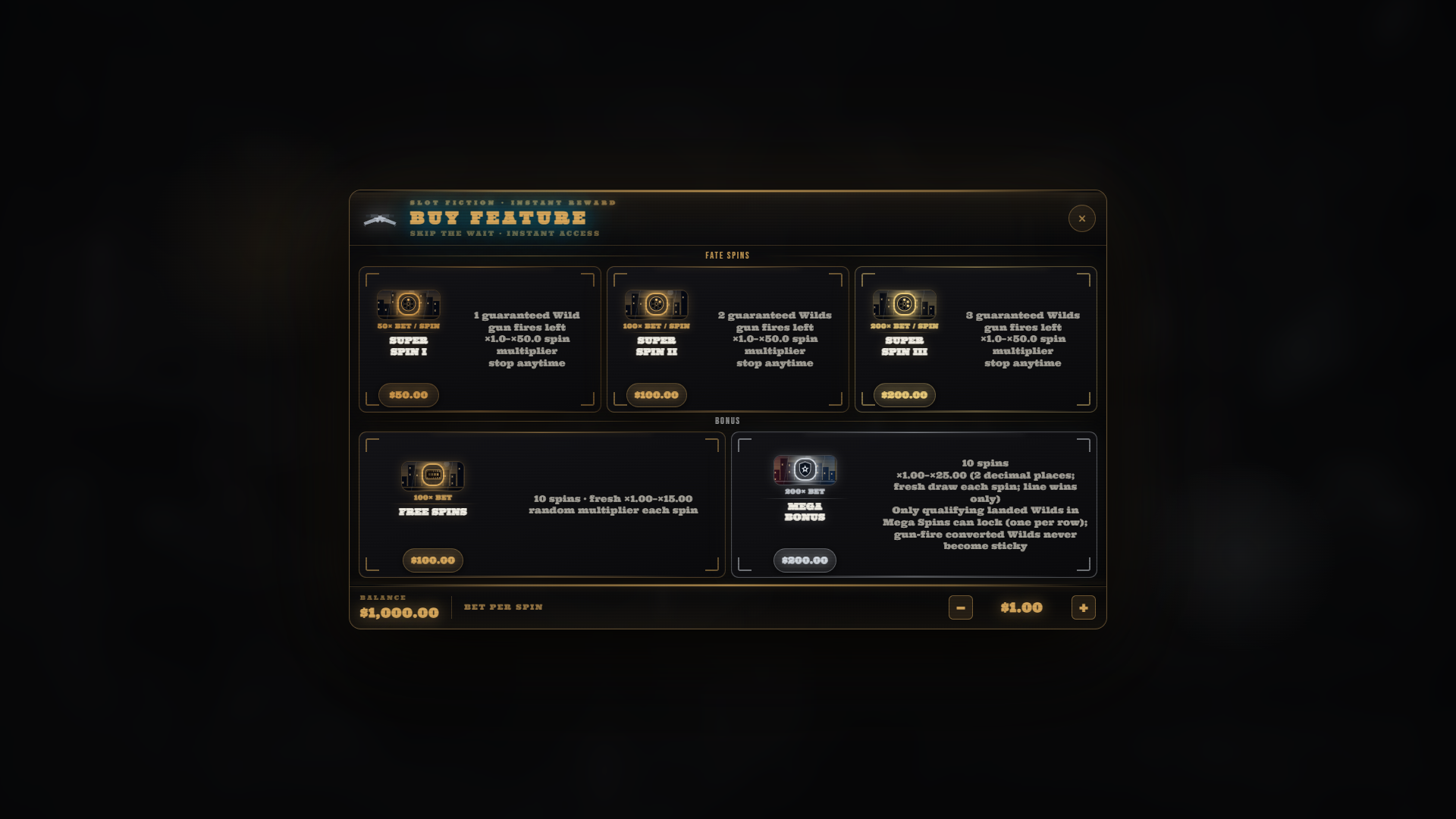 Slot Fiction bonus buy menu