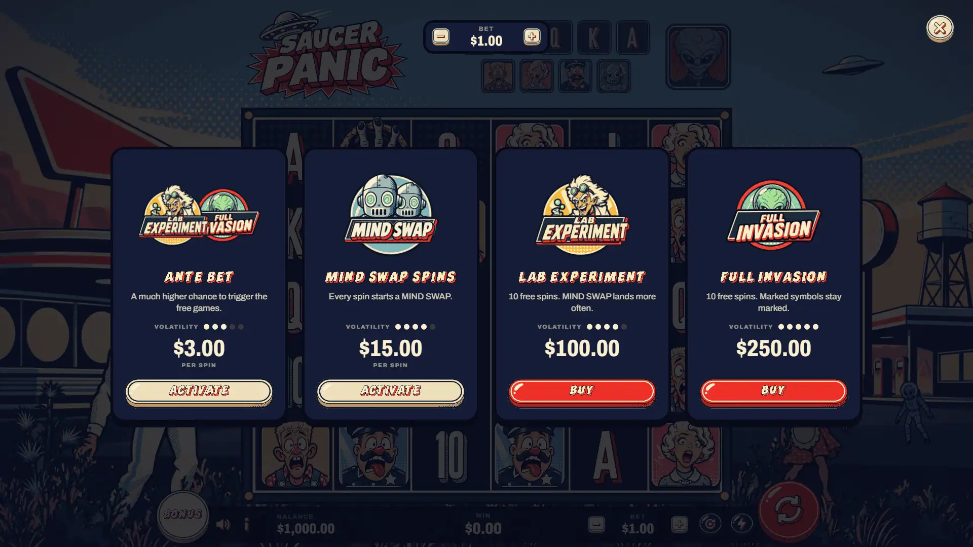 Saucer Panic bonus buy menu