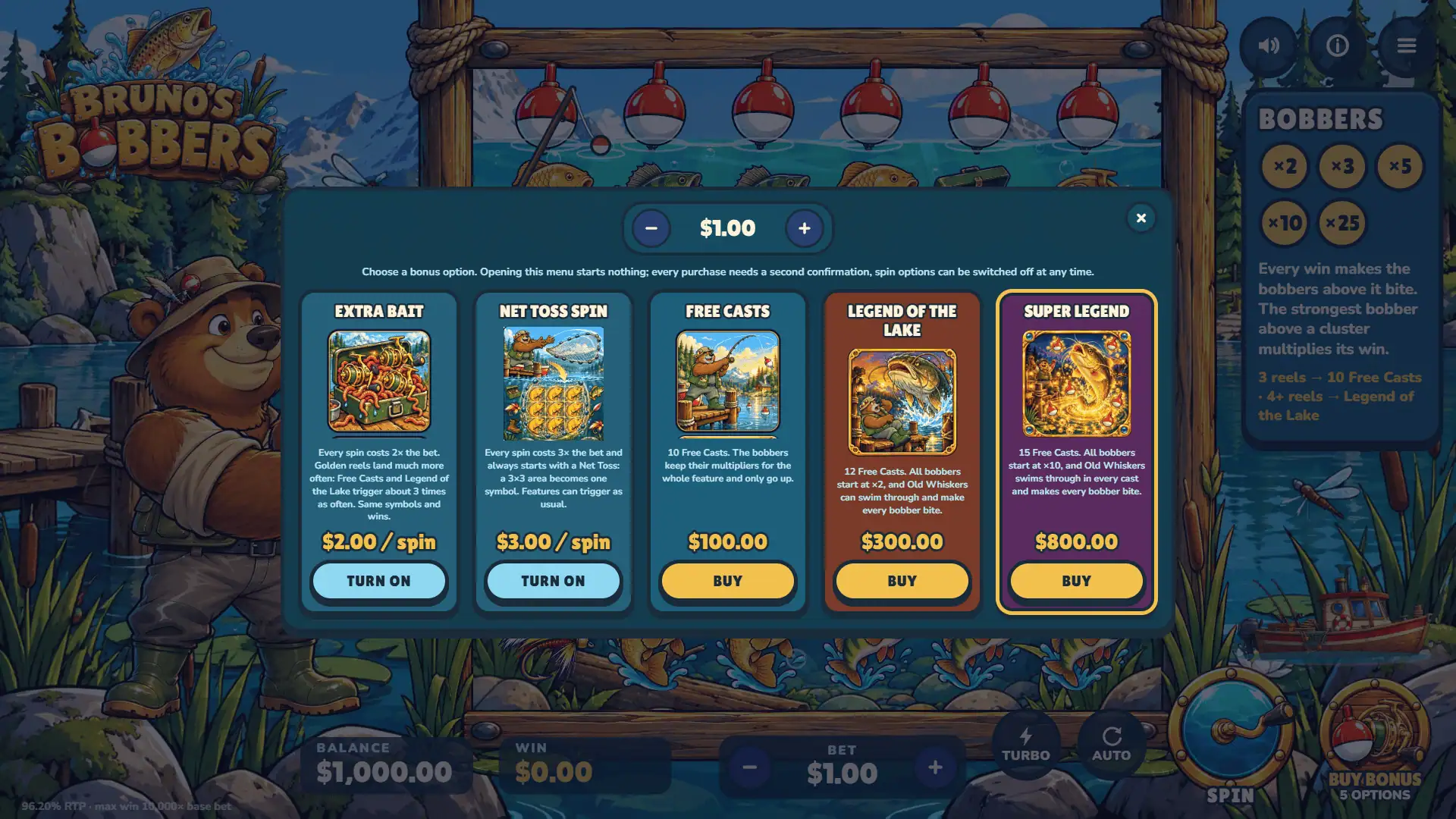 Bruno's Bobbers bonus buy menu