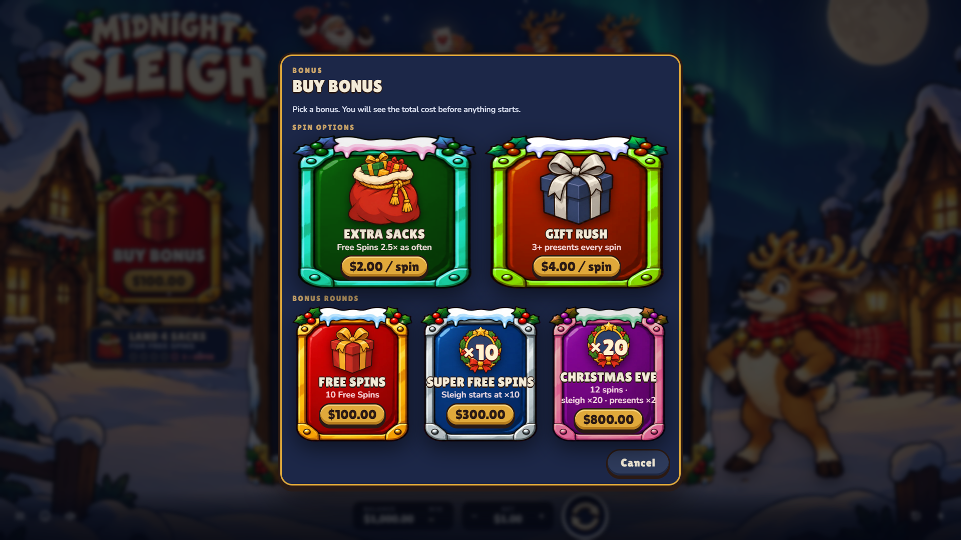 Midnight Sleigh bonus buy menu