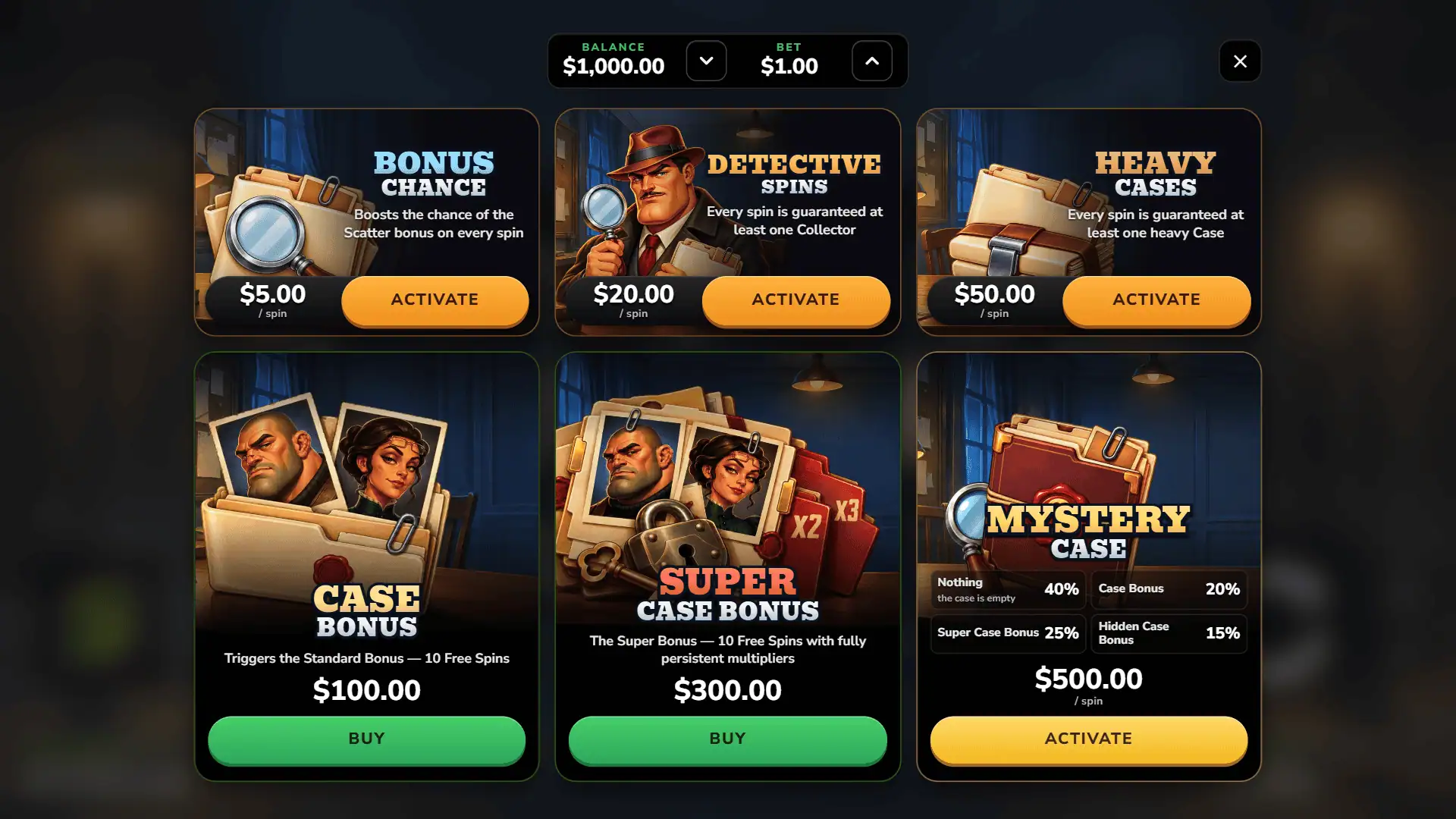 Case Hunter bonus buy menu