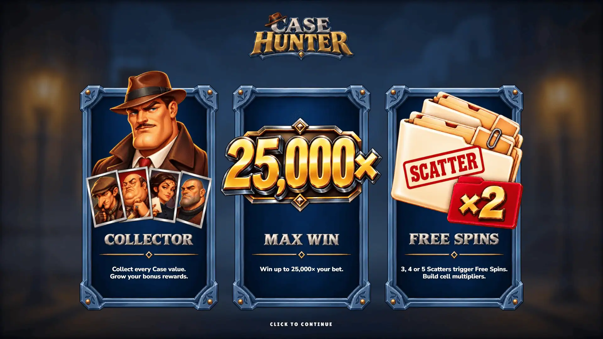 Case Hunter slot intro screen