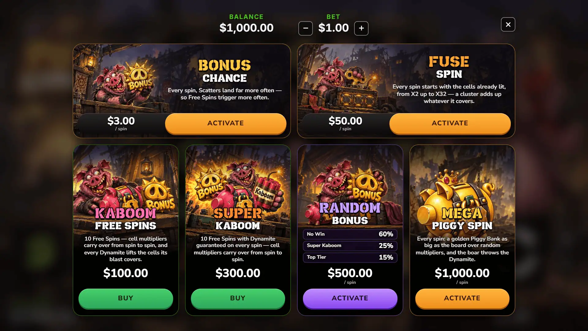Piggy Kaboom bonus buy menu