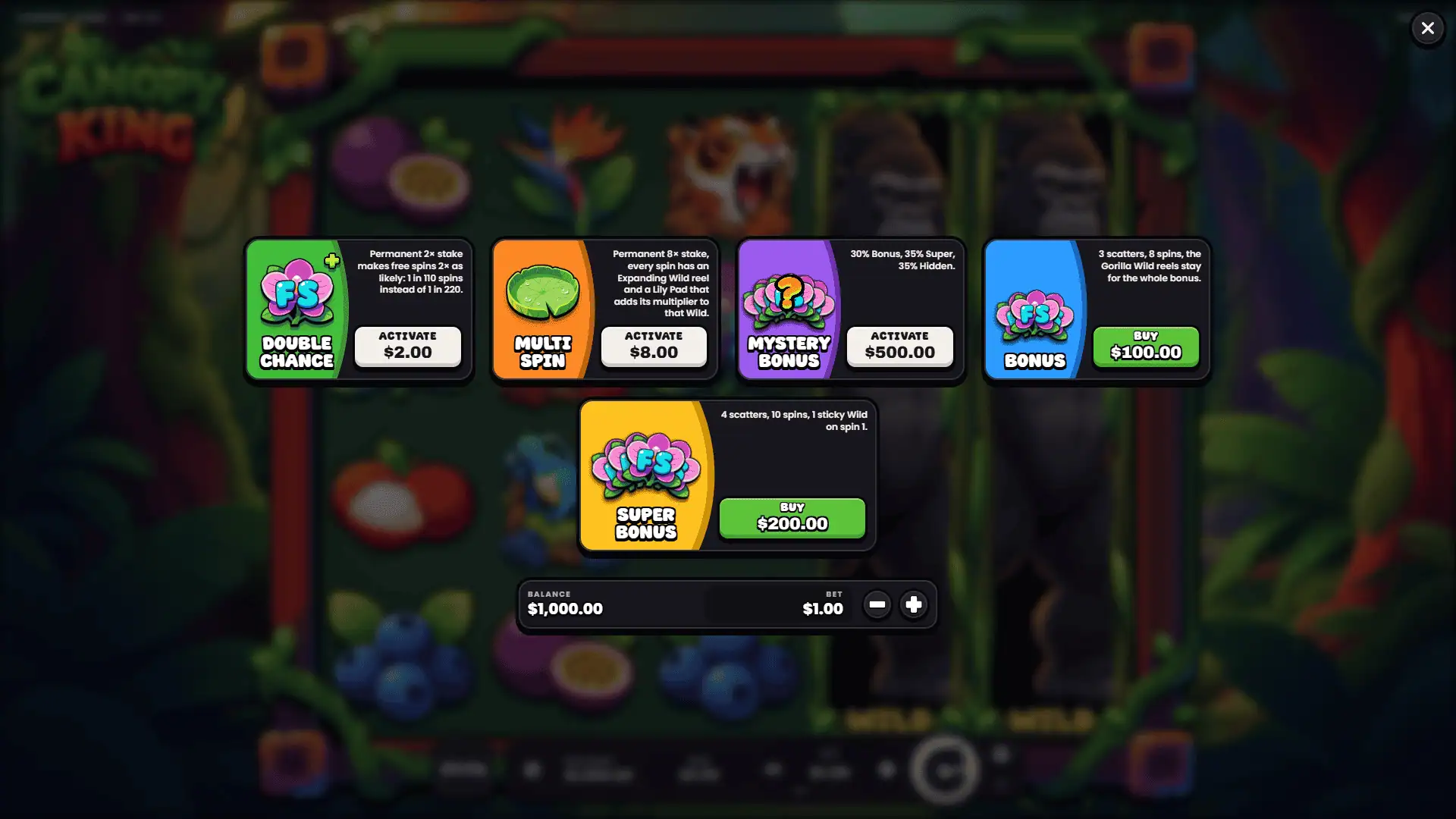 Canopy King bonus buy menu