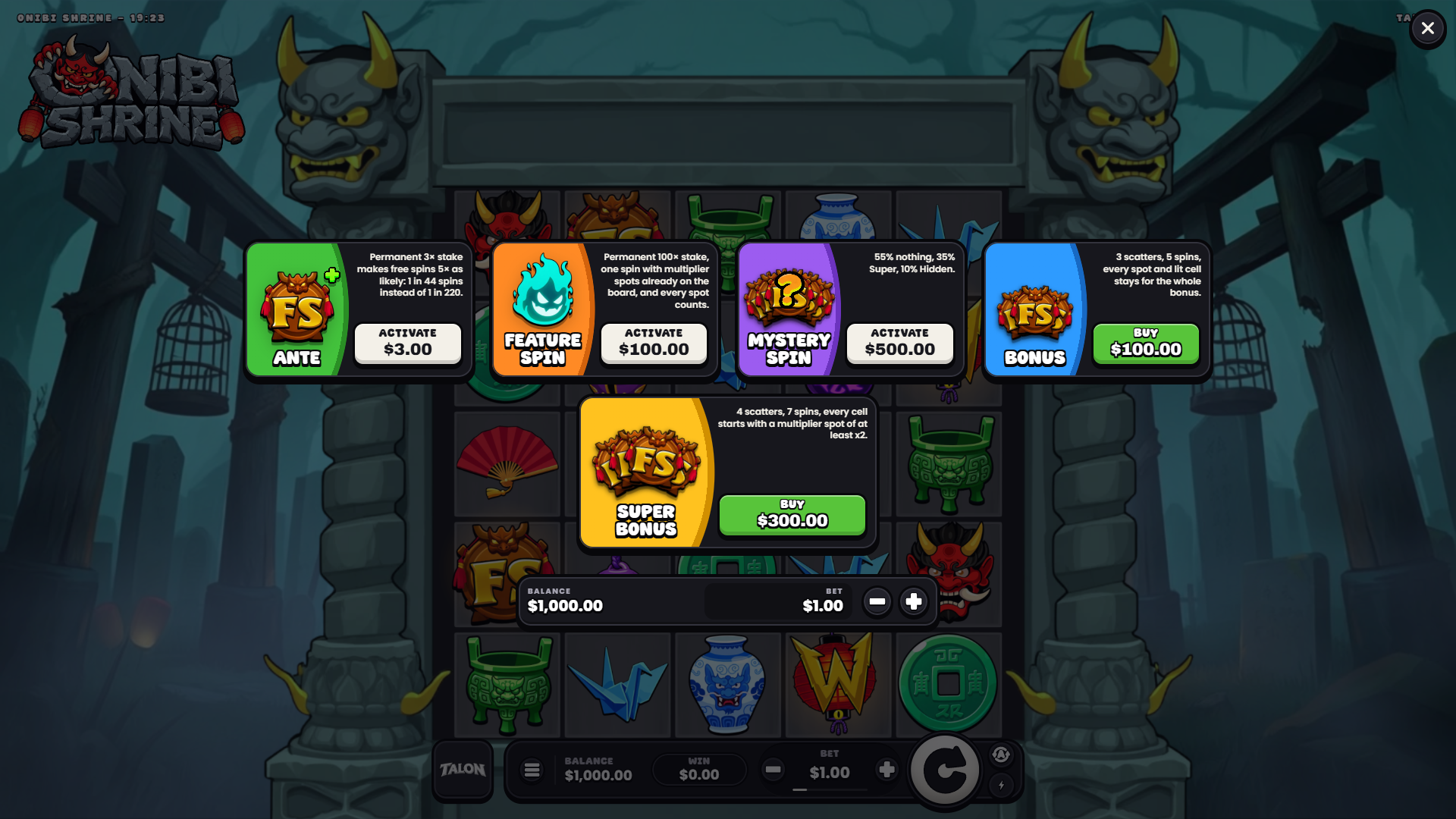Onibi Shrine bonus buy menu