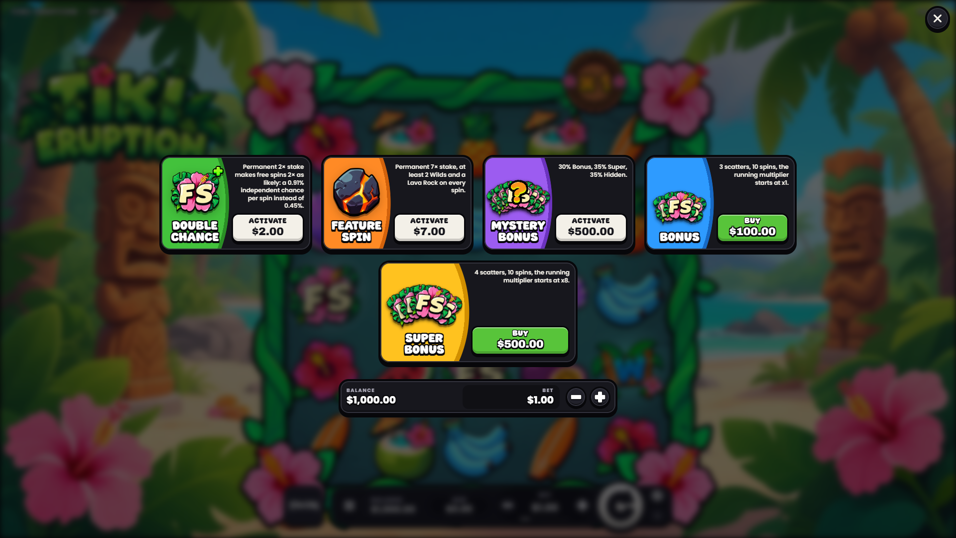 Tiki Eruption bonus buy menu