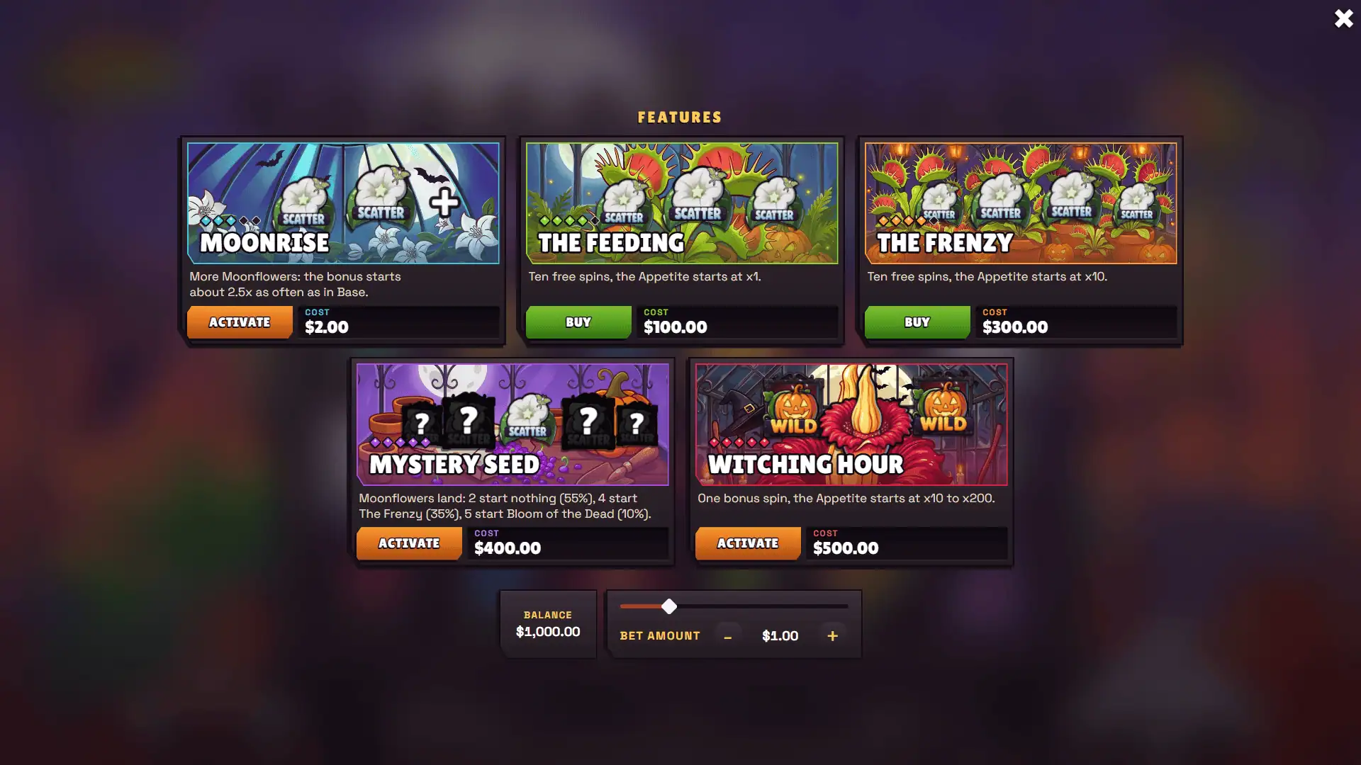 Hungry Hothouse bonus buy menu
