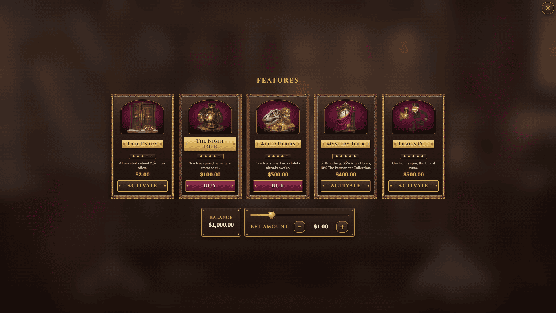 The Museum at Midnight bonus buy menu