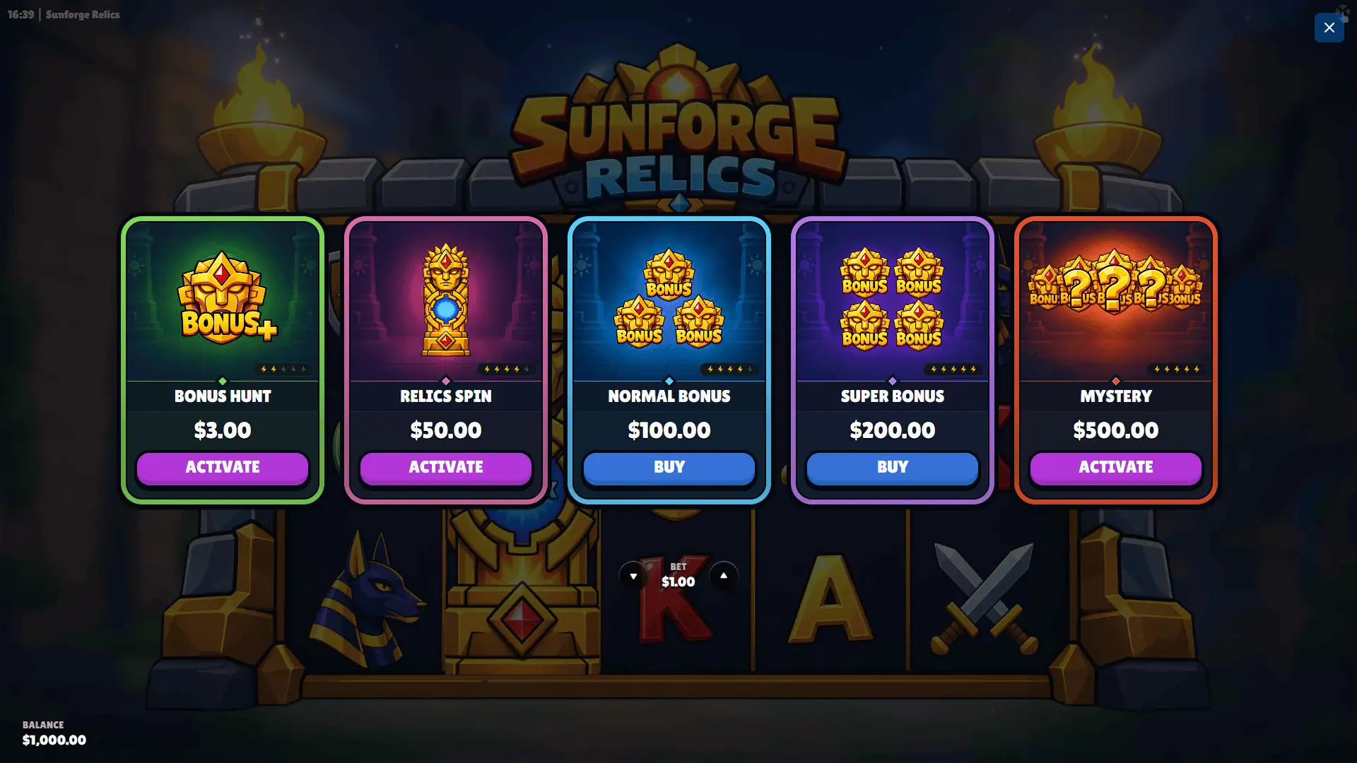 Sunforge Relics bonus buy menu