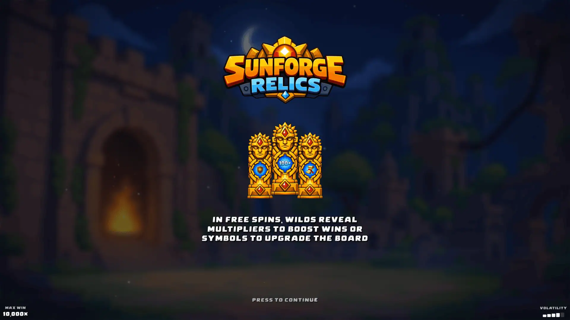 Sunforge Relics slot intro screen