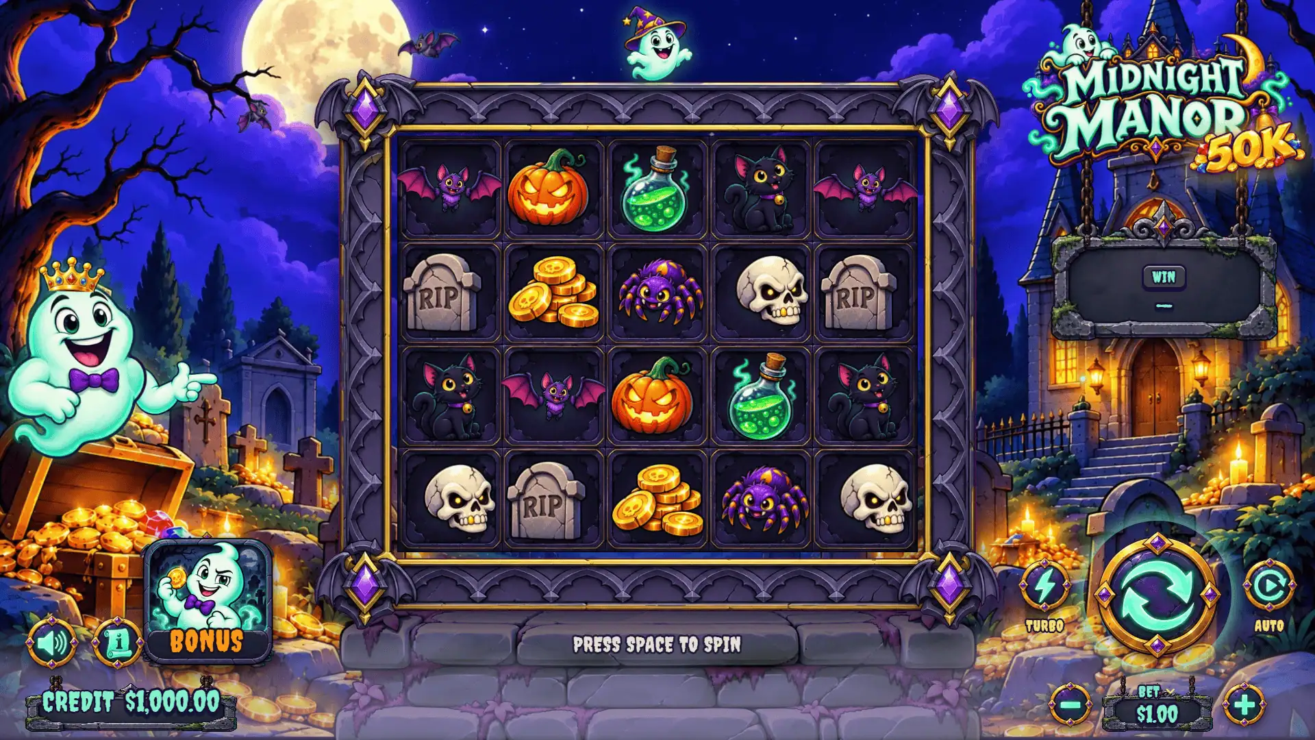 Midnight Manor 50K slot gameplay reels