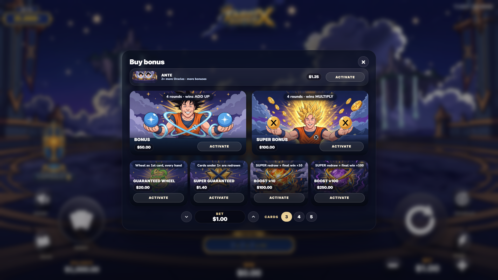 Tarot Super X bonus buy menu