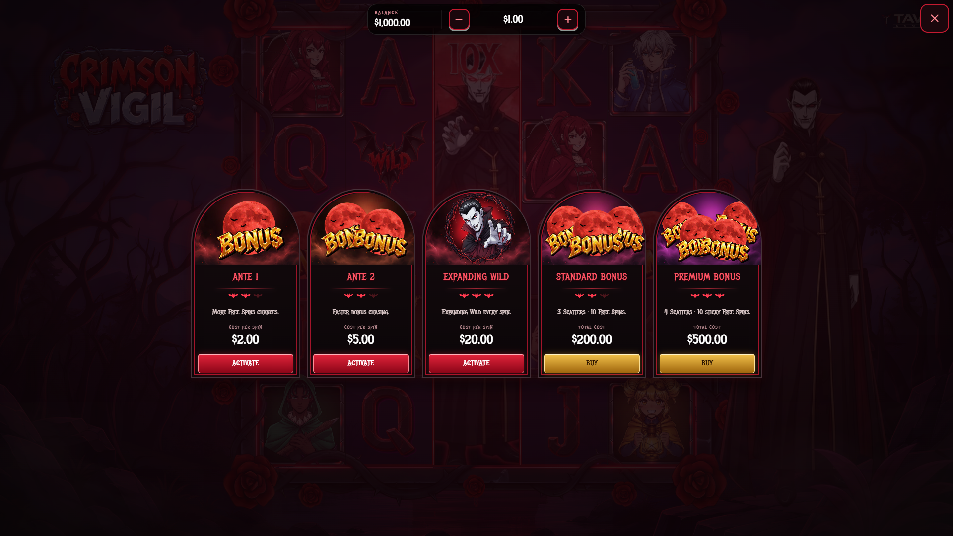 Crimson Vigil bonus buy menu