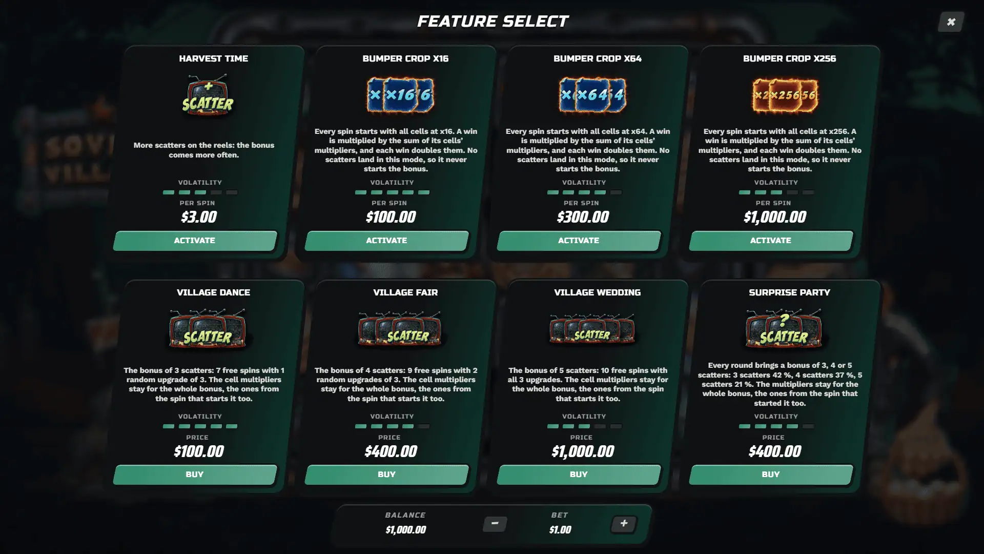 Soviet Village bonus buy menu
