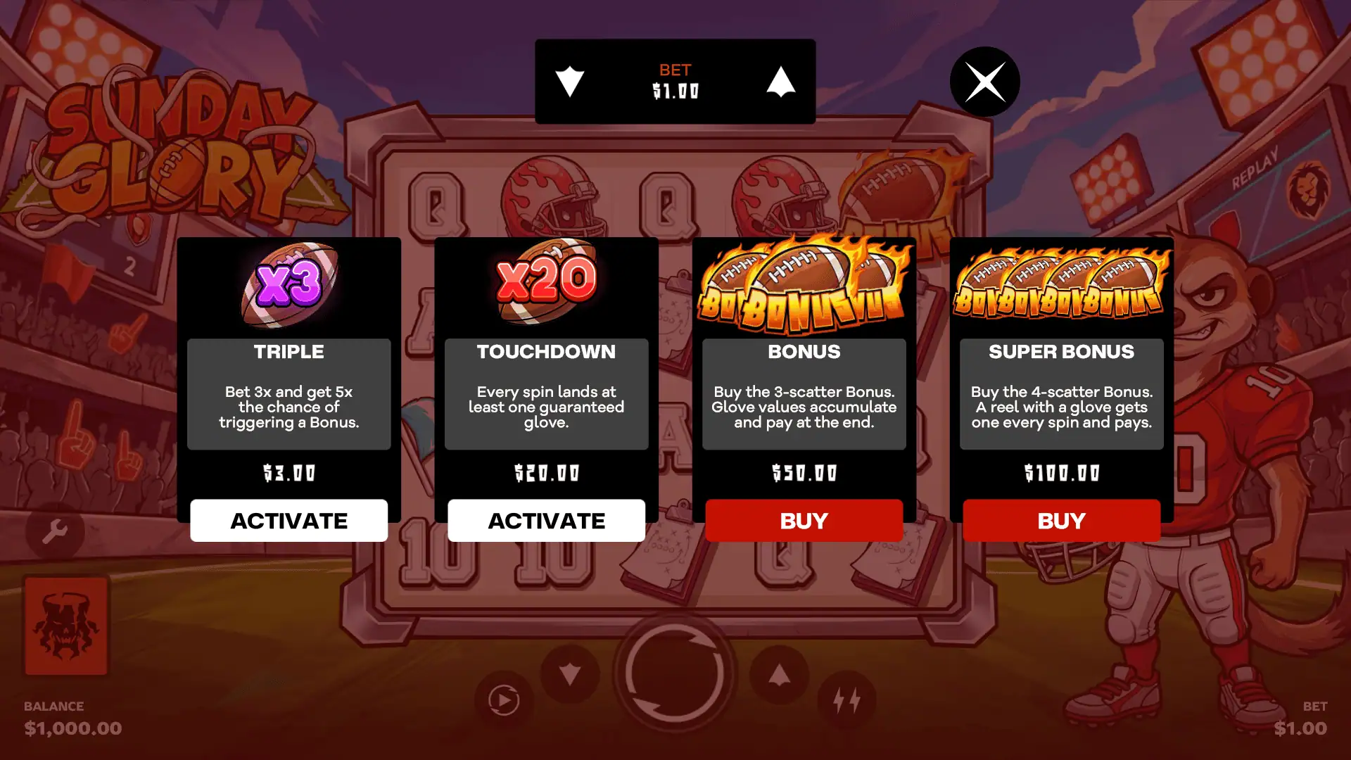 Sunday Glory bonus buy menu