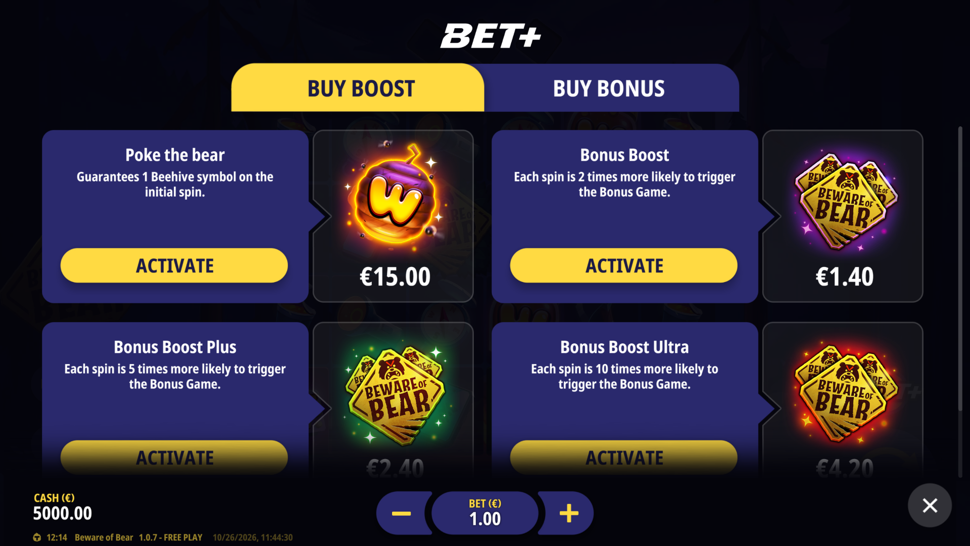 Beware of Bear bonus buy menu