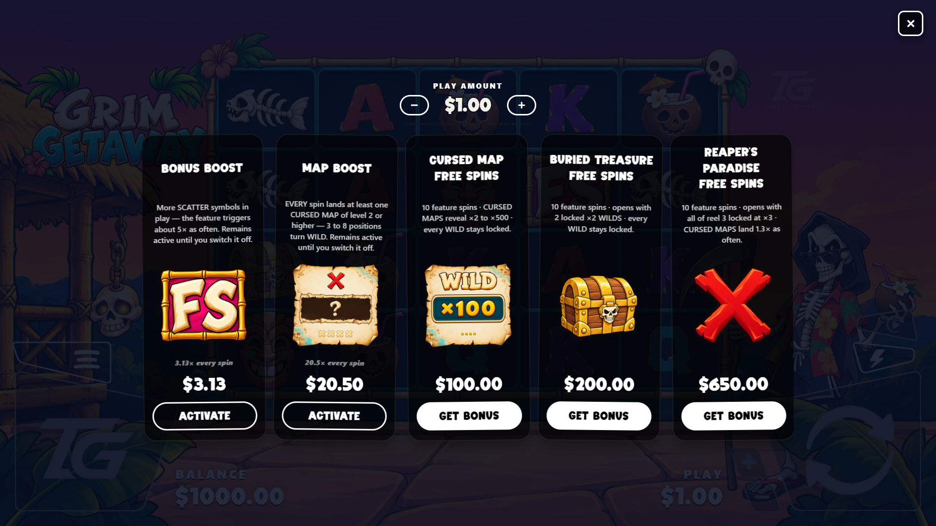 Grim Getaway bonus buy menu