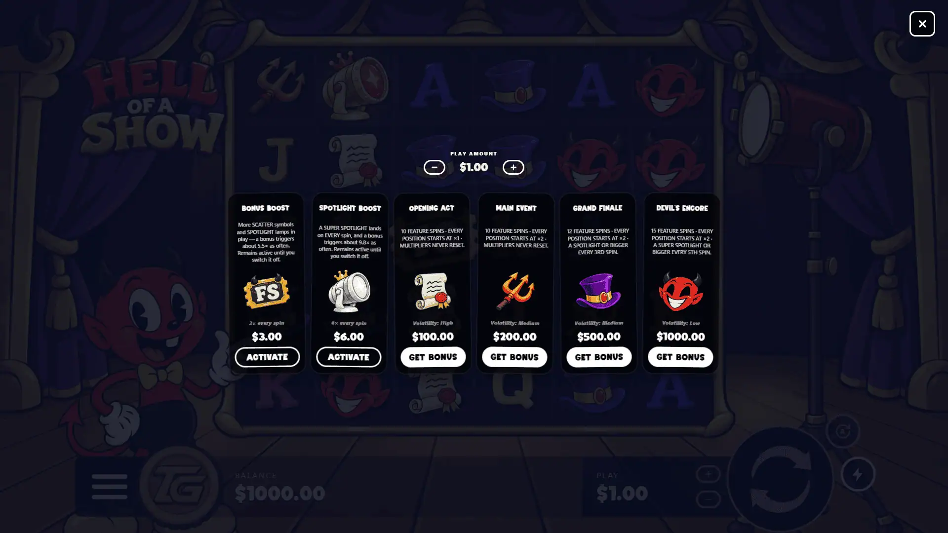 Hell of a Show bonus buy menu