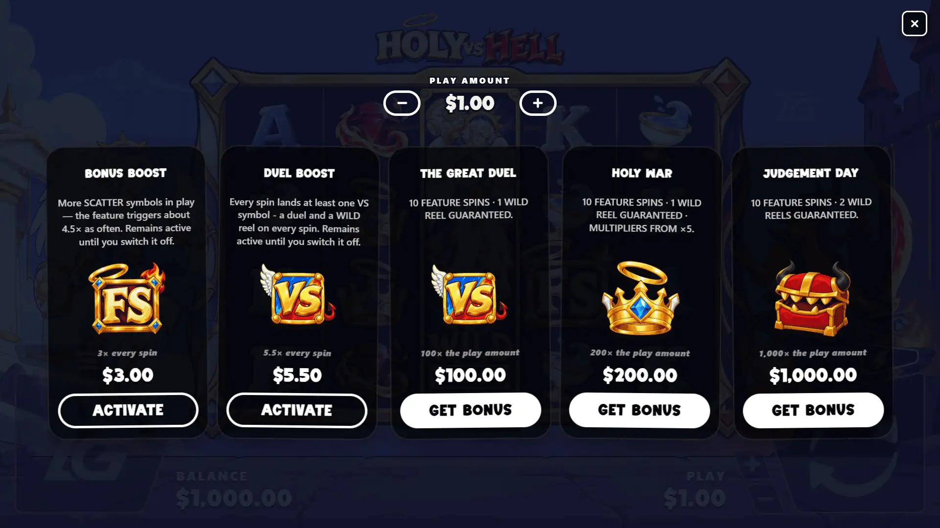 Holy VS Hell bonus buy menu