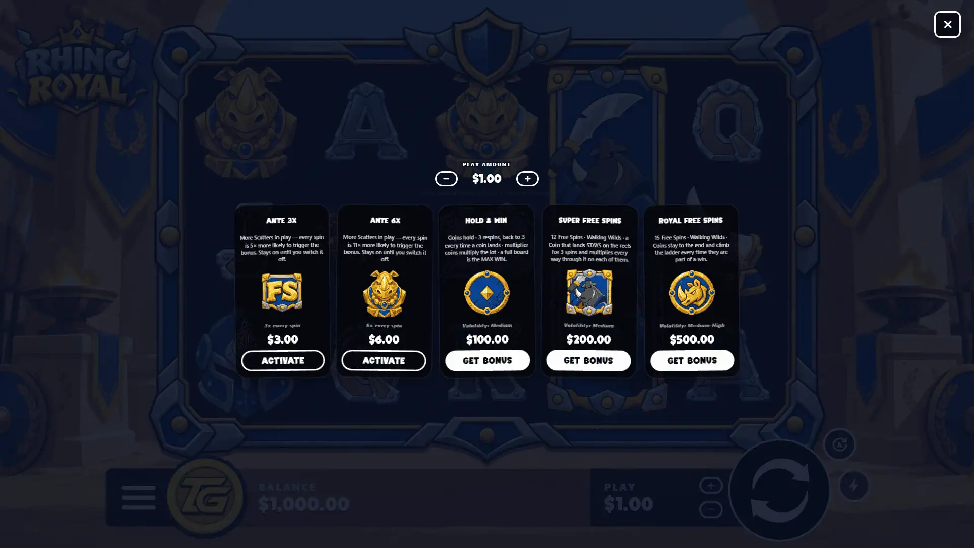 Rhino Royal bonus buy menu