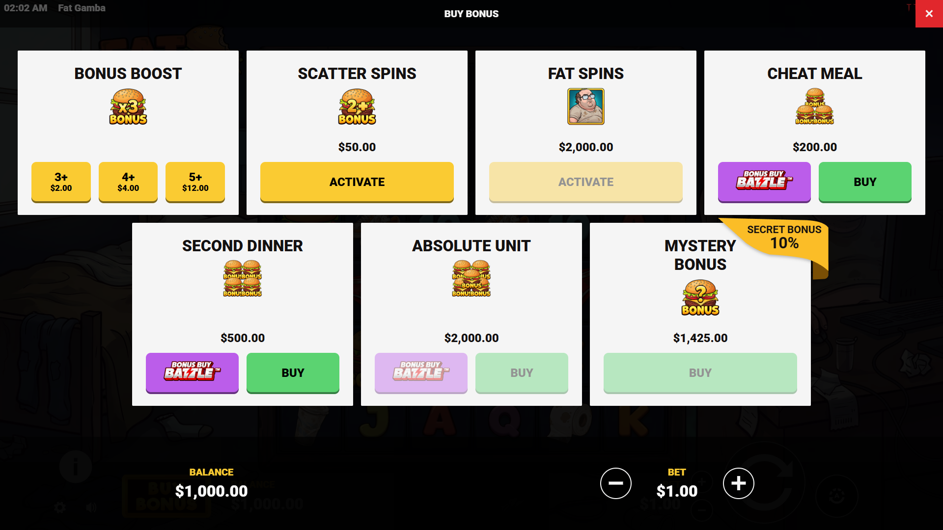 Fat Gamba bonus buy menu