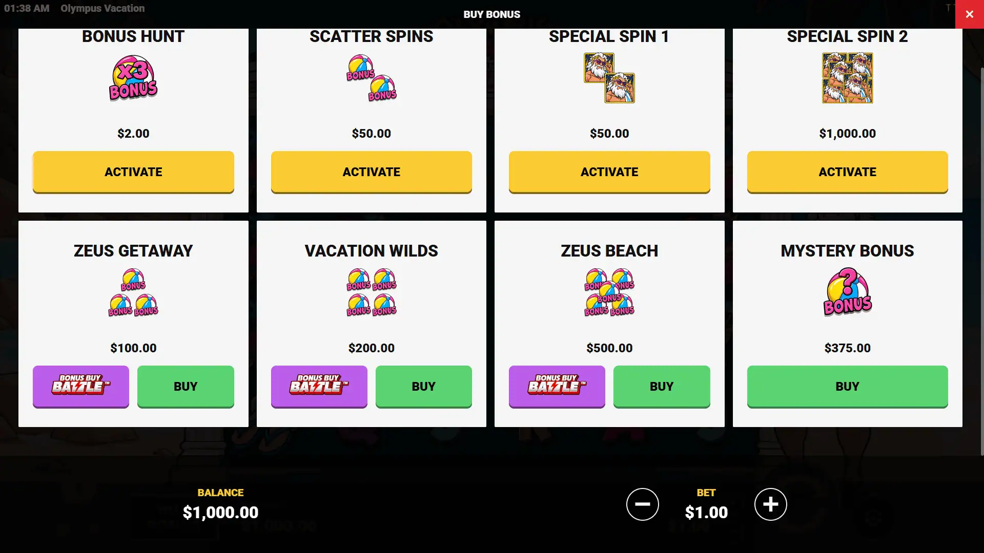 Olympus Vacation bonus buy menu