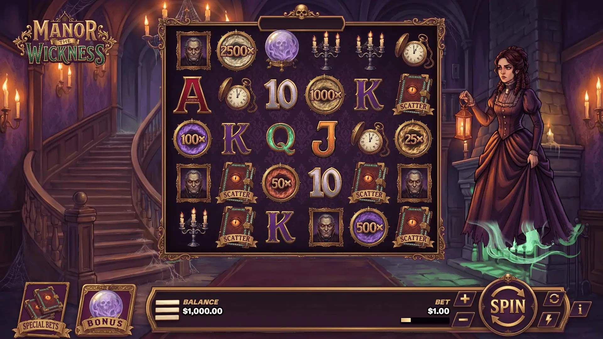 Manor The Wickness slot gameplay reels