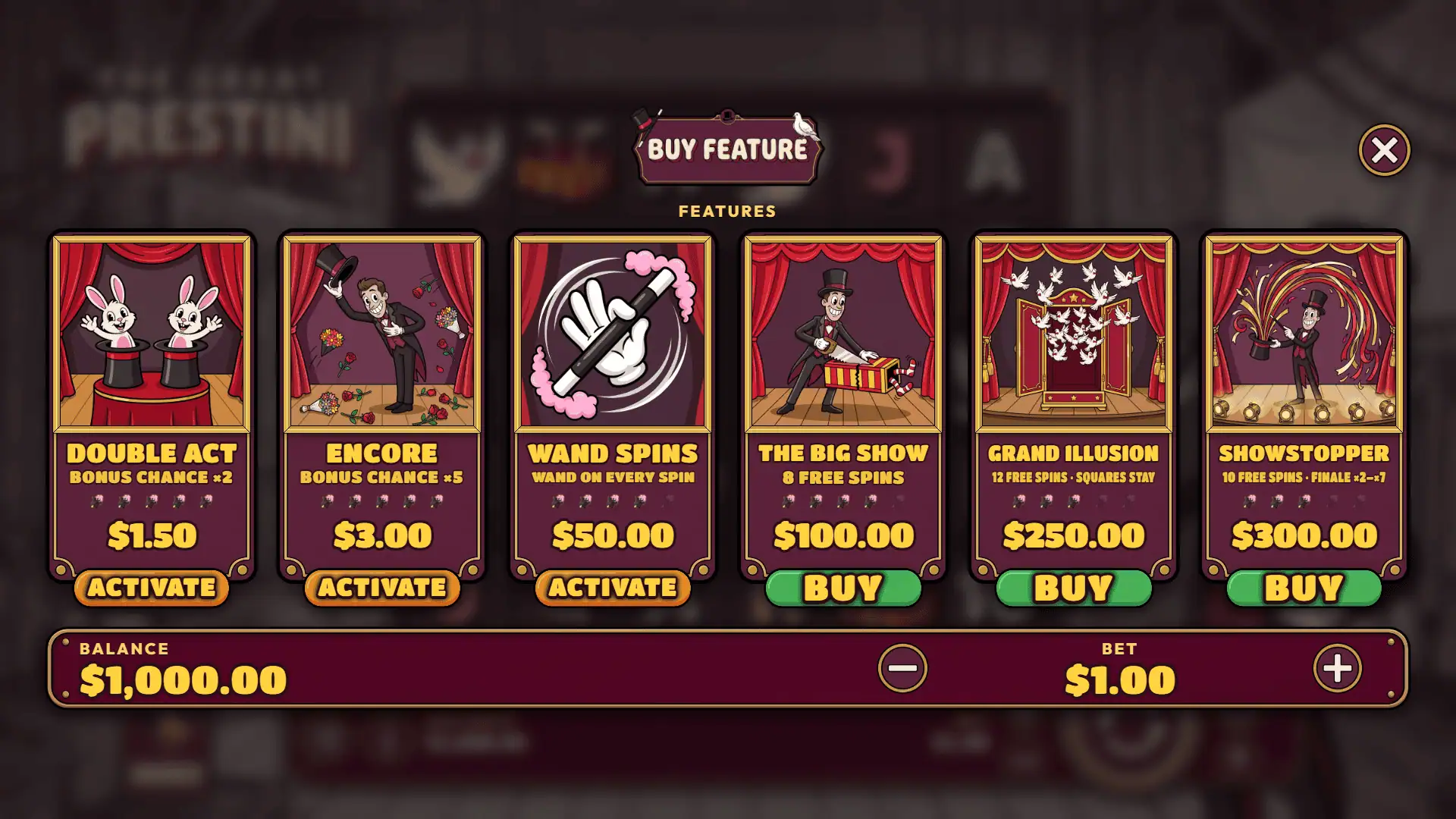 The Great Prestini bonus buy menu