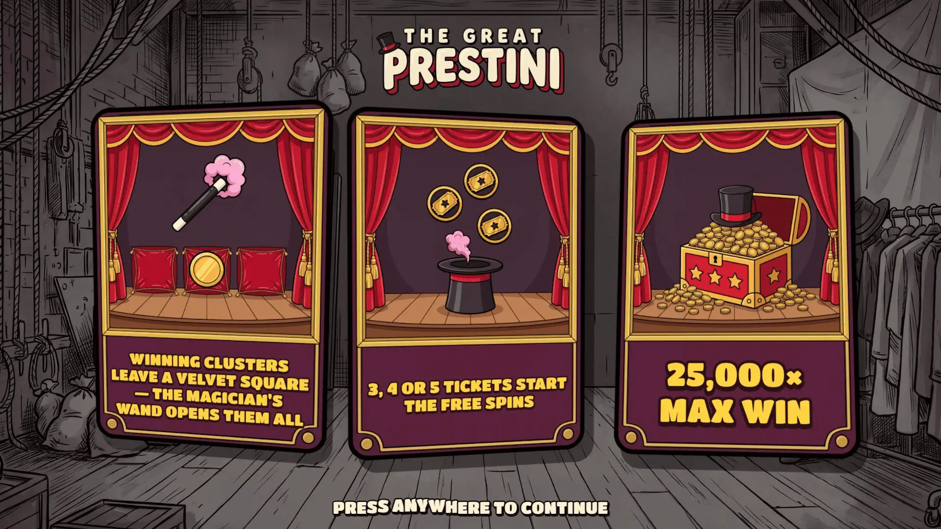 The Great Prestini slot intro screen