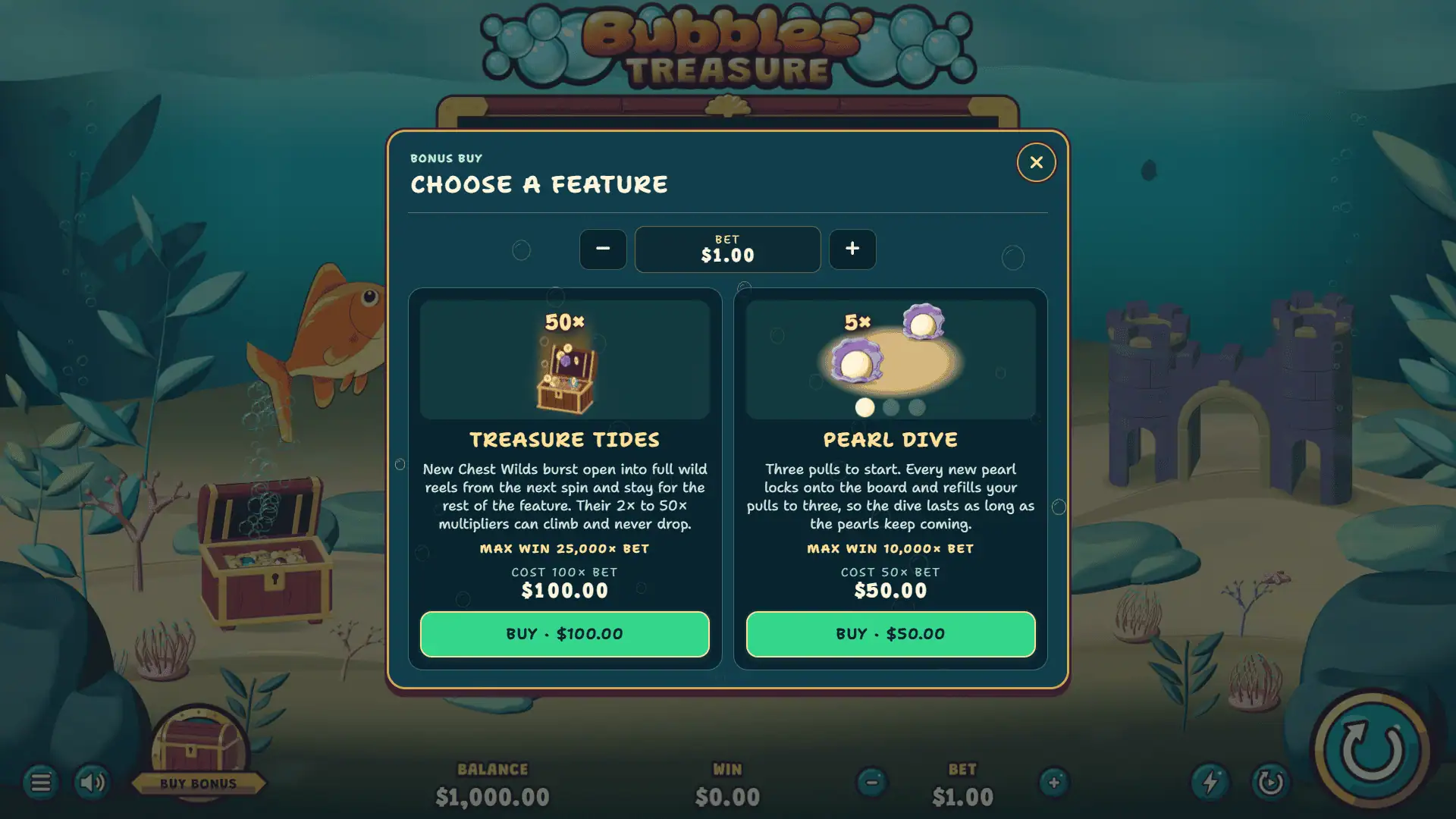 Bubbles Treasure bonus buy menu
